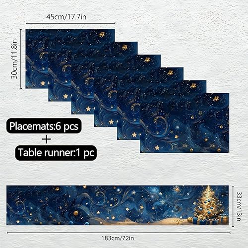 Miniatura 58 de Juego de manteles individuales y camino de mesa de muñeco de nieve y árbol de Navidad, 7 piezas (1 camino de mesa + 6 manteles individuales), diseño