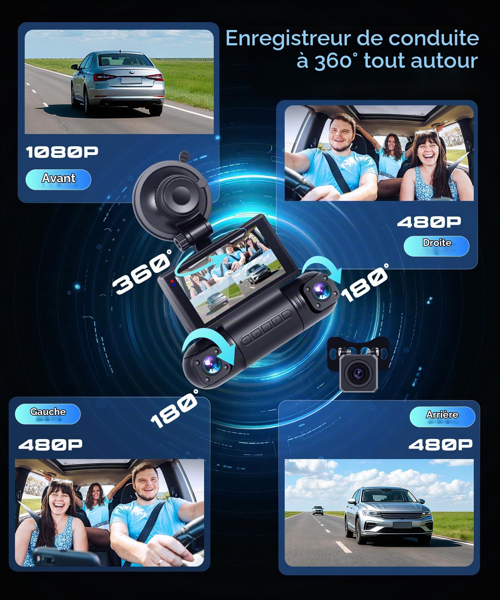 VECHTEL Dashcam Voiture 2K avec Wi-FI,4 caméras embarquées 1080P avec écran IPS 3 Pouces, Vision Nocturne, accéléromètre, Protection à 360 degrés, avec Une Carte de 128 Go,G-Capteur