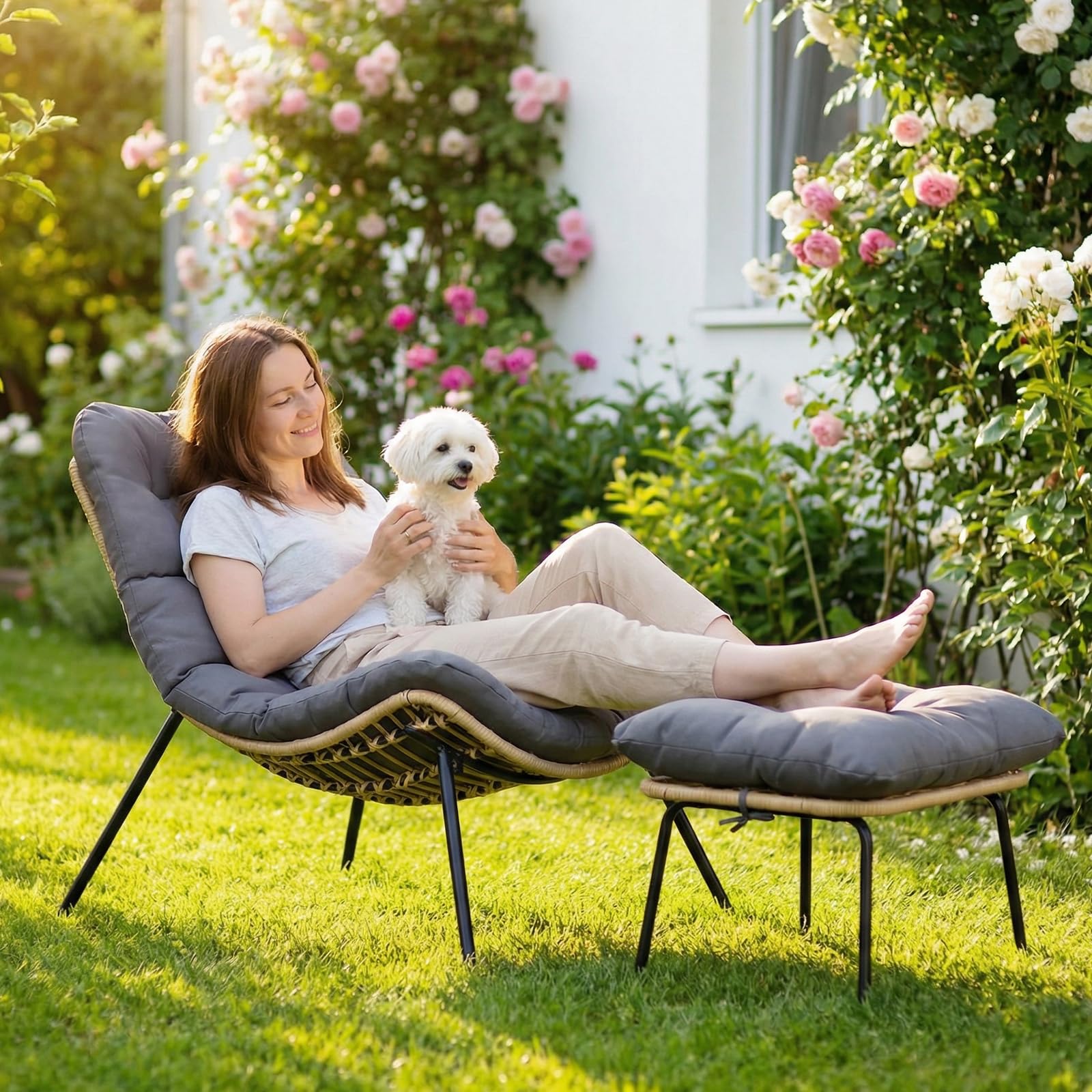 LIFERUN Gartenstuhl mit Hocker, Loungesessel Rattan, Gartensessel Wetterfest, bis 120 kg, Balkonsessel mit Abnehmbarem Kissen, Waterproof, für Garten Balkon Wohnzimmer Hof Schlafzimmer Terrasse, Grau