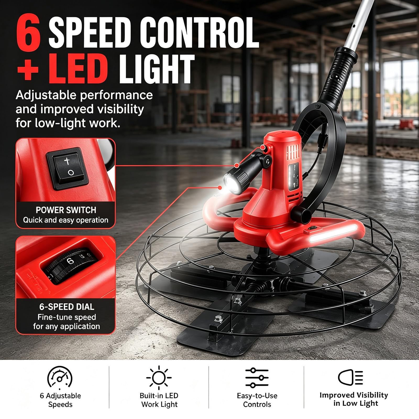 Máquina Alisadora De Yeso para Paredes 1680w, Llana Eléctrica De Acabado De Hormigón con Luz LED, Cable 8m, 6 Velocidades para Cemento, Yeso Y Mortero