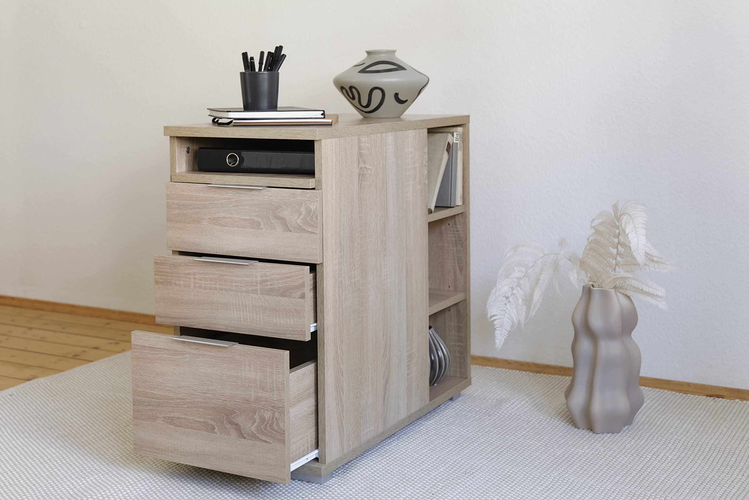 mutatio Schubladenschrank Container mit Schubladen 40 cm x 75 cm x 75 cm Bürocontainer Sonoma Eiche Beistellschrank Für Schreibtisch Nachttisch Unterschrank Büromöbel Nachtkommode