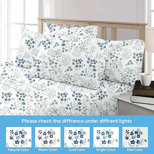 Miniatura 6 de BYSURE Juego de sábanas King de 6 piezas (flores azules y grises), sábanas con patrón botánico de núcleo de cabaña, decoración de ropa de cama de