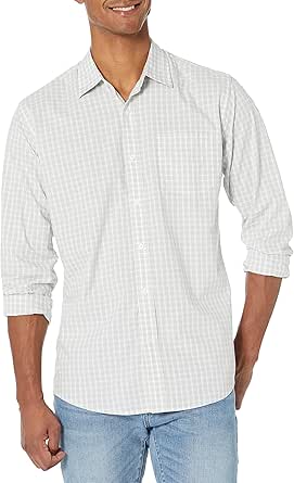 Amazon Essentials Herren Lässiges langärmeliges Popeline-Hemd Normale Passform, Hellgrau Wei�x Kariert, XXL