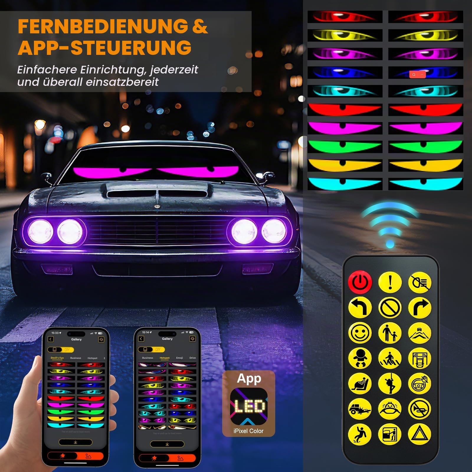 2er Led Augen für LKW 12*60cm, Devil Eyes Augen für Auto PKW IP65 Wasserdicht Led Matrix Panel Led-Anzeige Programmierbar mit APP-Steuerung und Fernbedienung für Led Laufschrift Halloween Deko