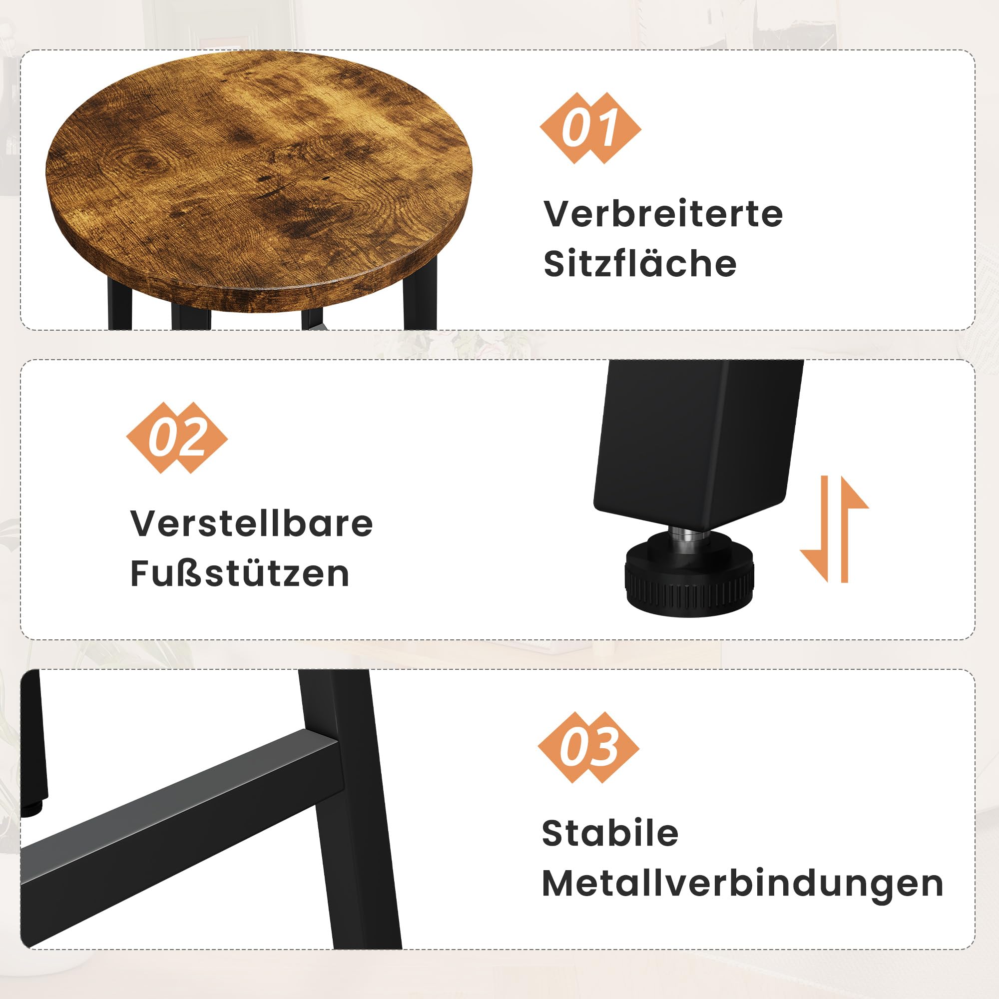 YOUDENOVA Barhocker 2er Set, Küchenhocker Holz mit Metallgestell, stabil & platzsparend, Barstuhl mit Fußstütze, 71 cm Hoch, Industrial Stil, für Küche, Bartheke, Esszimmer, Vintage Braun-Schwarz