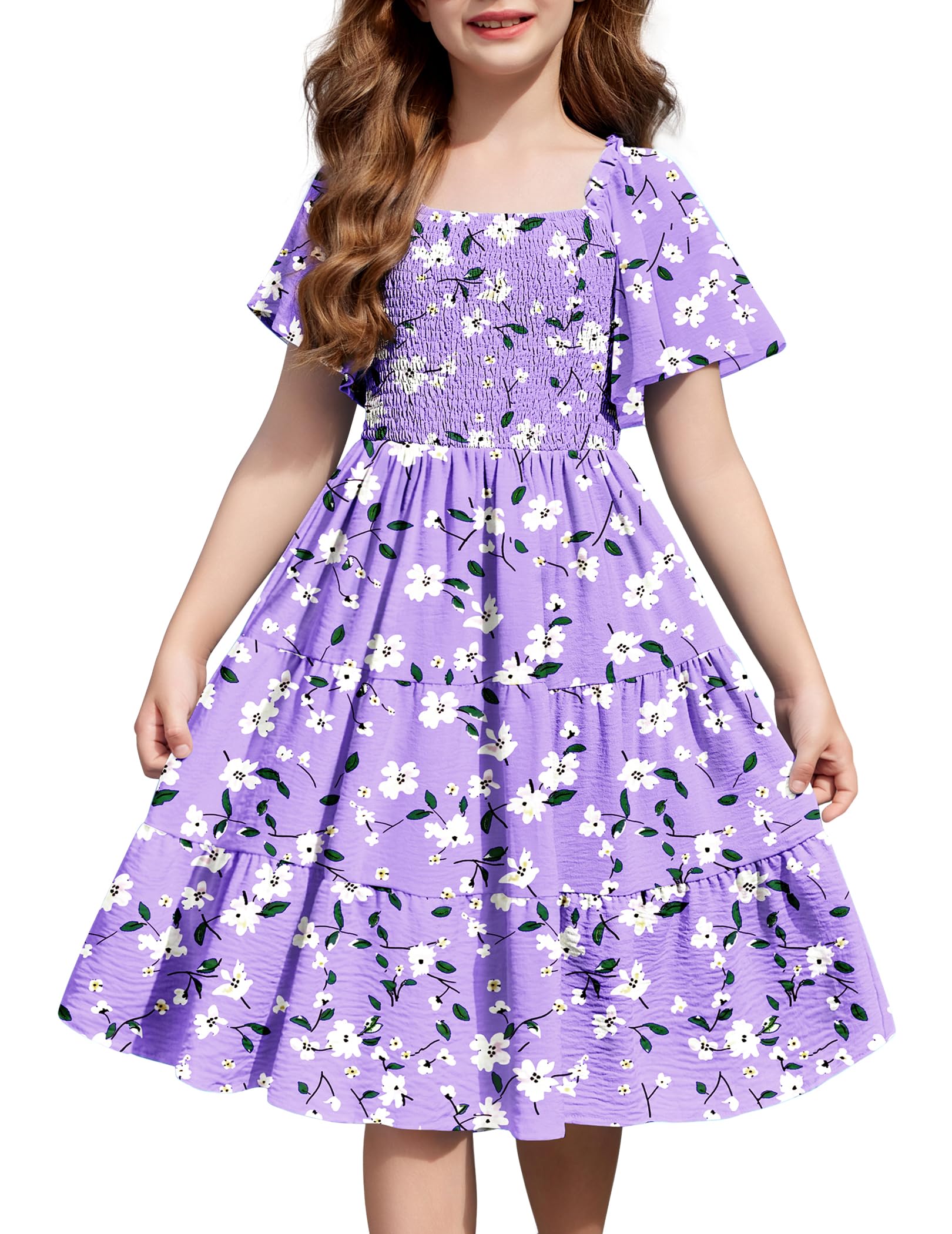 Arshiner Girls Summer Dress Tween Boho Casual Smocked Swing Flowy Ruffle Midi Dresses with Pockets