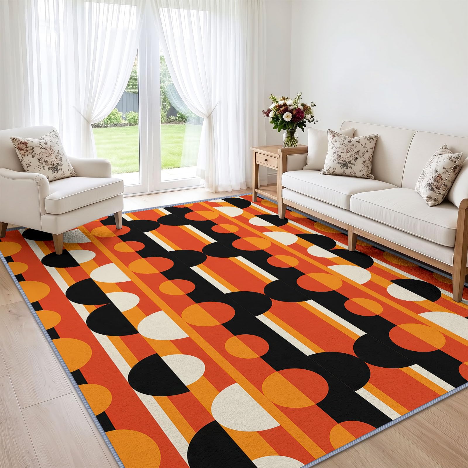 Tapis Salon Lavable en Machine Rayures Géométriques Rétro Semi Circulaires Tapis de Chambre à Poils Courts, Antidérapant Doux Poil Ras Rug, Idéal pour Chambre d'enfant, Couleur Orange, 160 x 230 cm