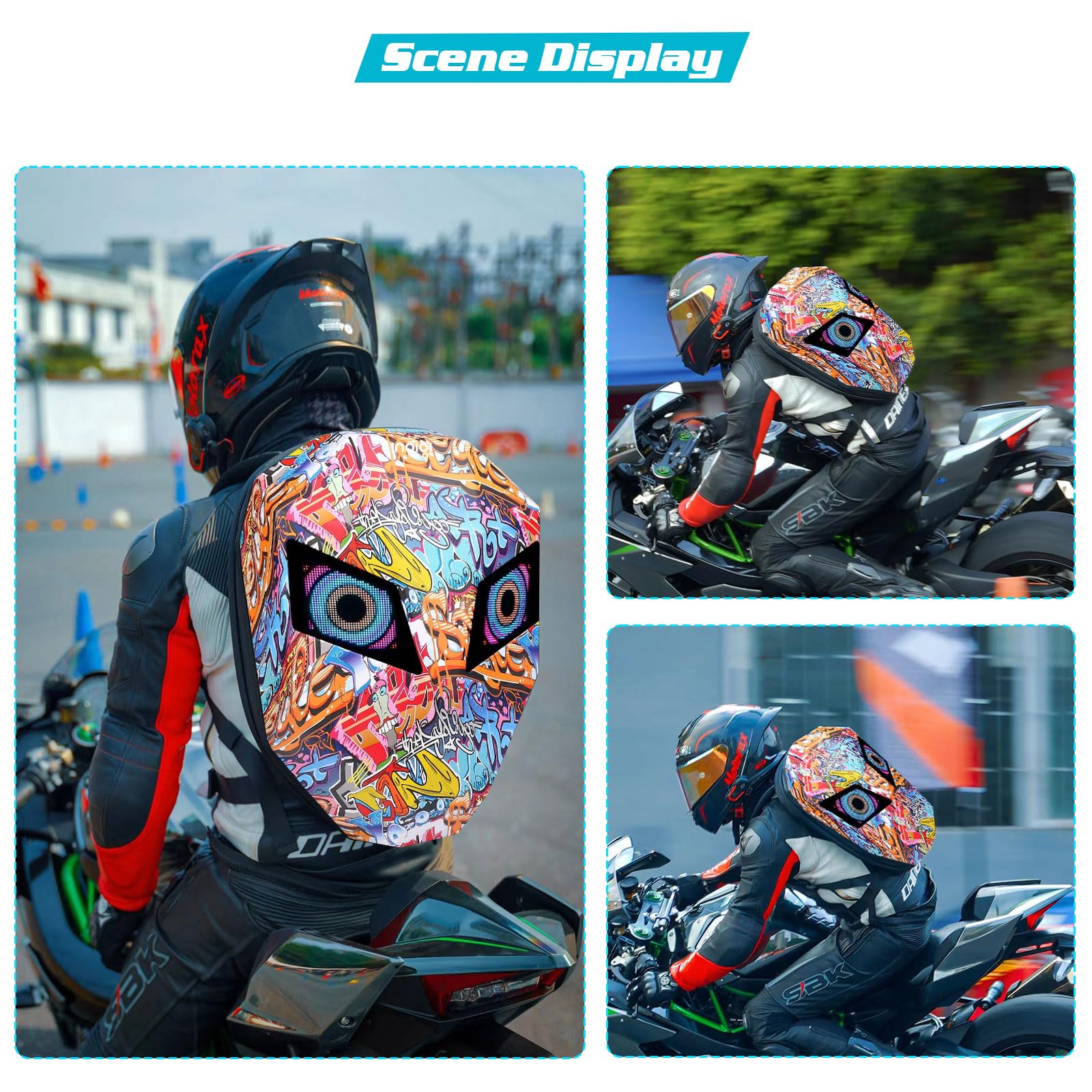 indigi Motorcycle Laptop Backpack Programmable Expandable Helmet Bag Shoulder Bag for Riding Hiking Travel Daily Use (Graffiti Style, Small)