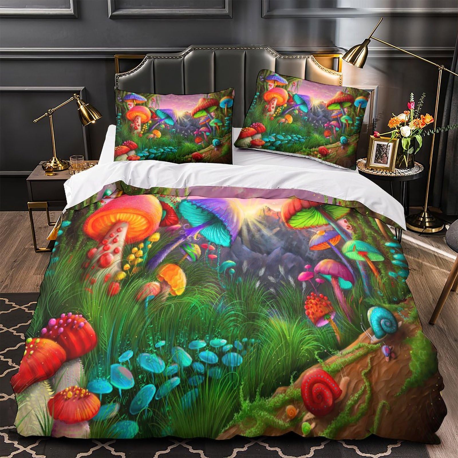 Parure de lit champignons magiques housse de couette garçon 135x200 pour chambre fantastique