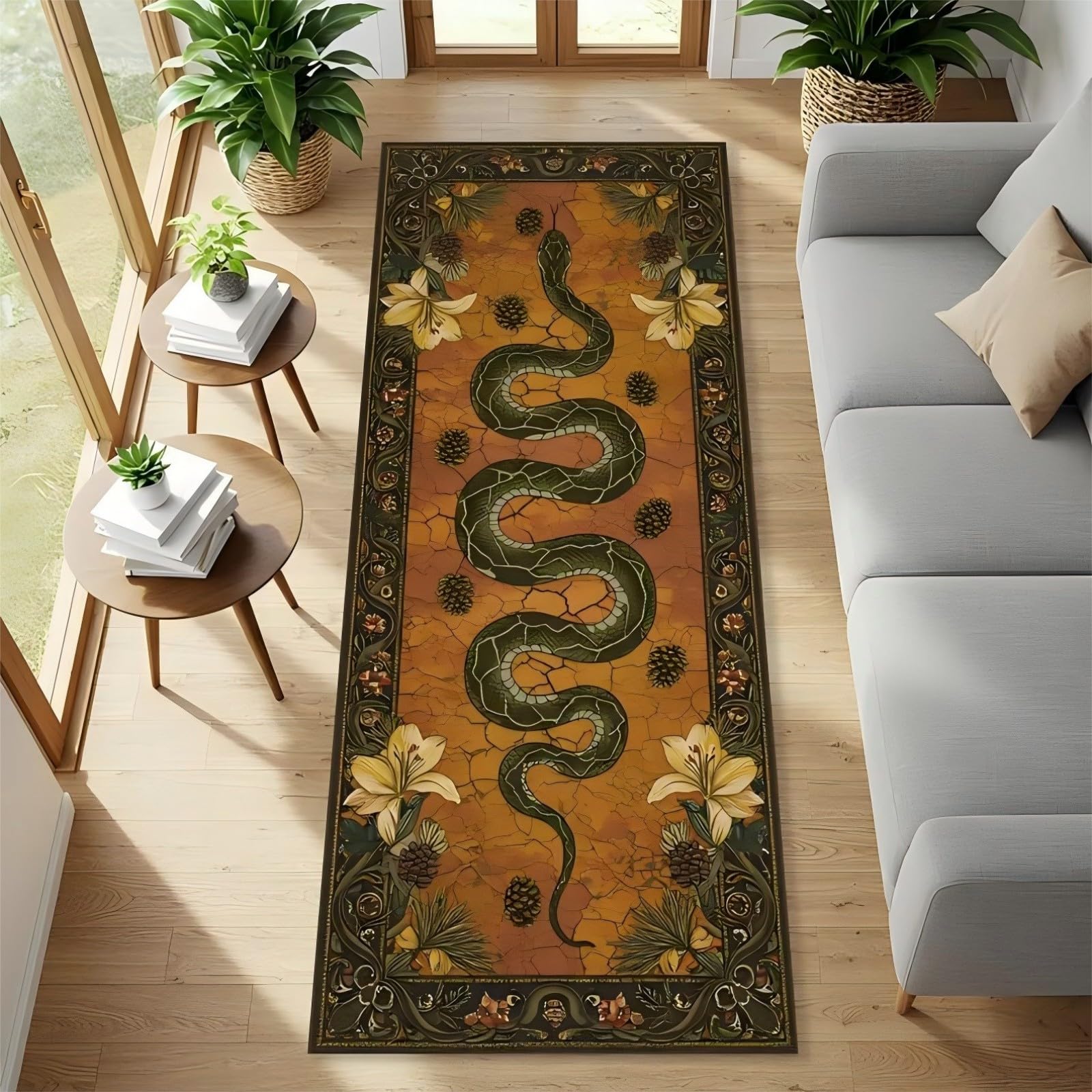 RICAUOU Retro Snake Area Rug, 120x360cm Bohemian Country Style Botanical Floral Animal Floral Pine Cone Print Entrance Rugs, Soft, Washable, Sheer, Thin Kitchen Carpet for Laundry Room and Bathroom