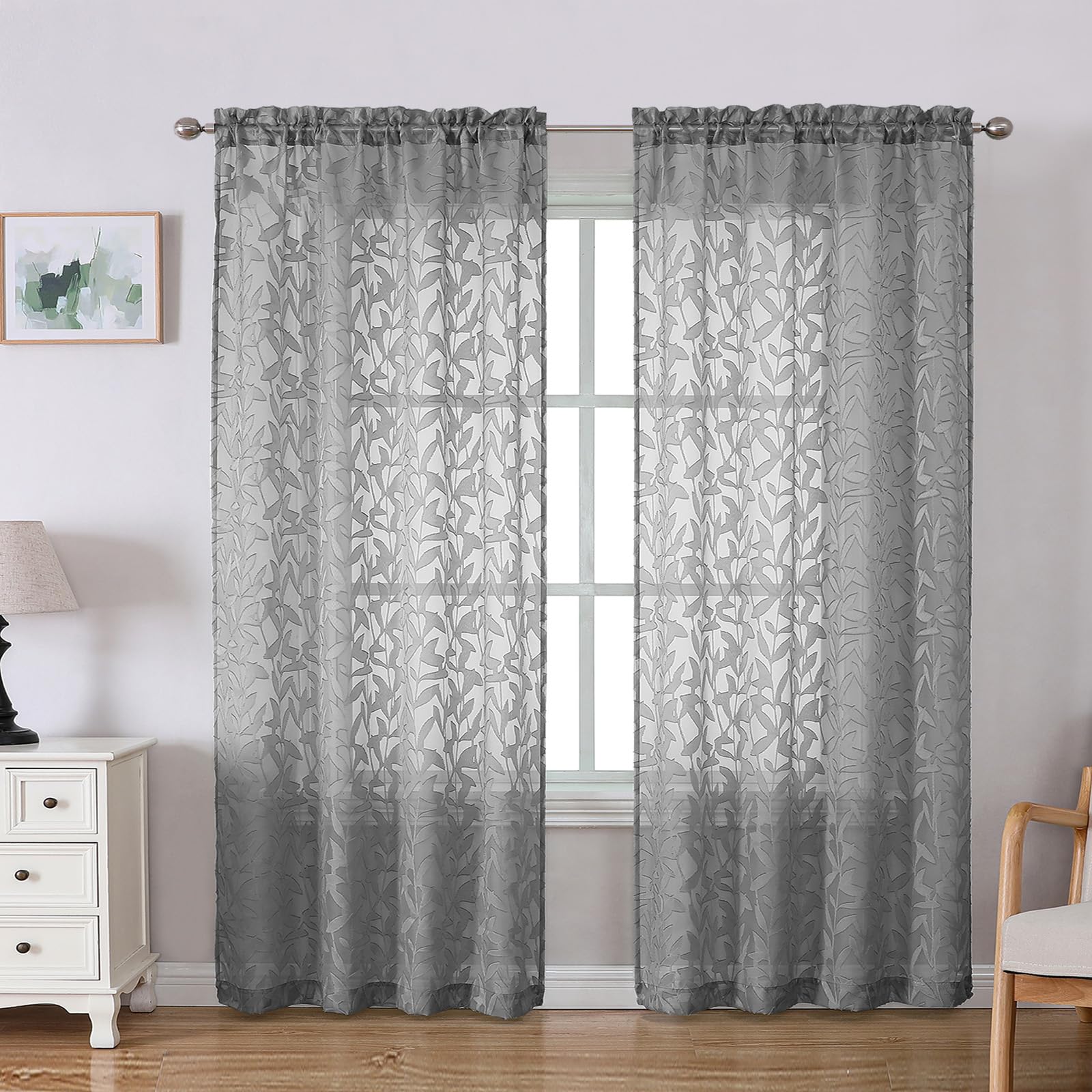 Lecloud Leia Charcoal Grey Sheer Curtains 78 Inches Long 2 Panels, Privacy Airy Voile Jacquard Leaf Textured Curtains, Dual Rod Pockets Farmhouse Drapes for Living Room Bedroom, Each 42" W x 78" L — image 1