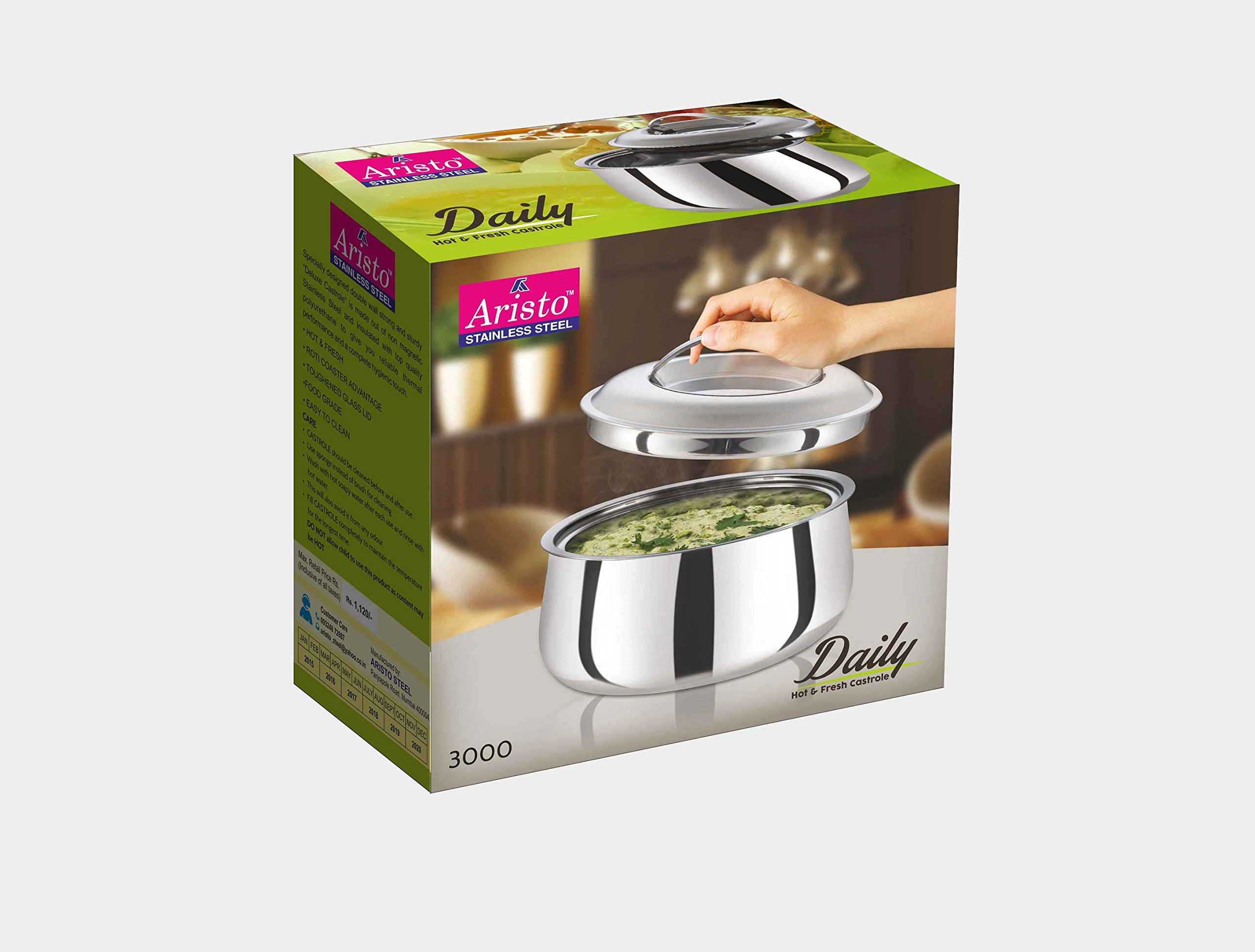 Aristo Stainless Steel Daily Insulated Casserole with Lid, Dia-20 Cm,1200 ml,1 Pc
