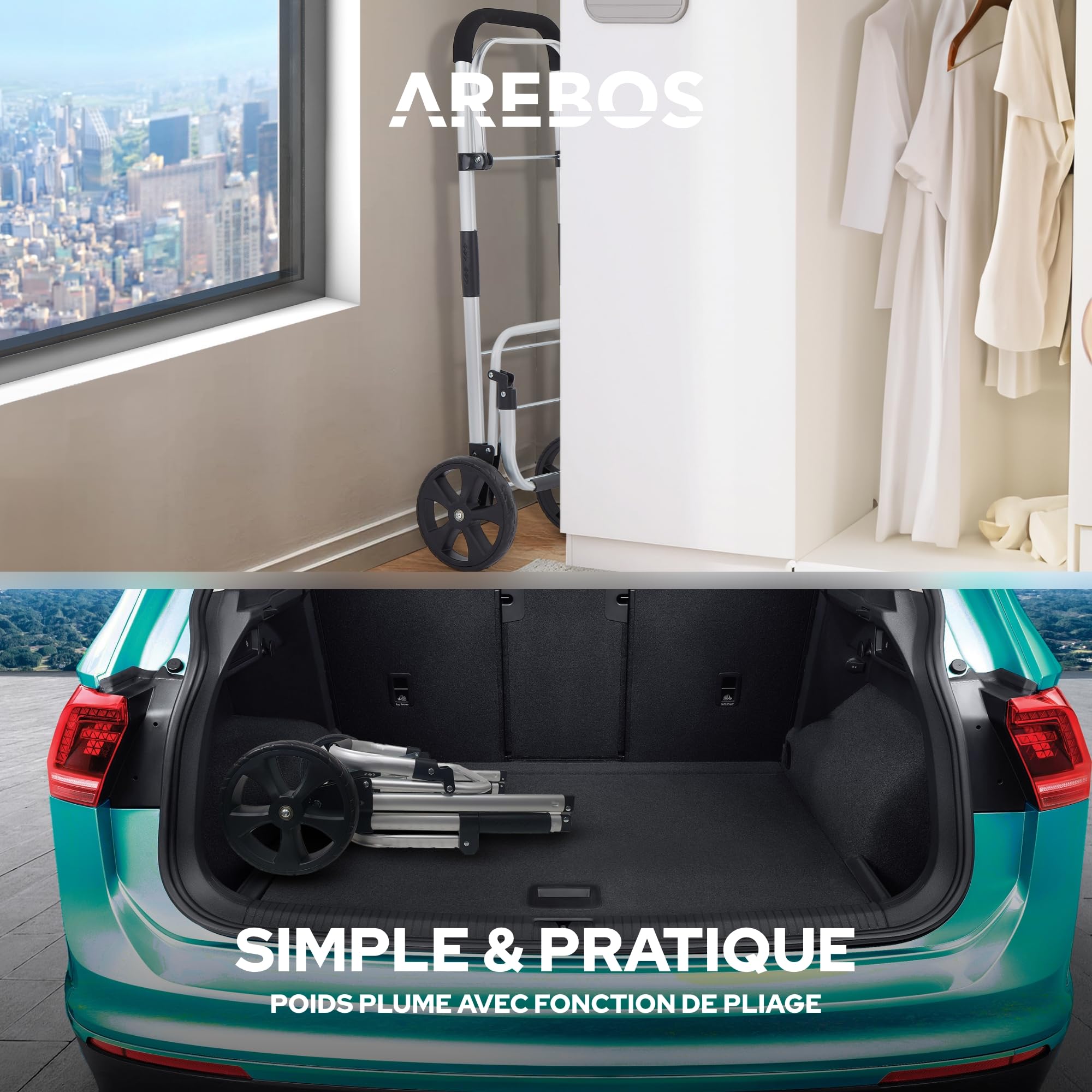 Arebos Chariot de Courses 3 en 1 avec Compartiment Isotherme intégré | 56L | Sac de Courses Pliable | Poignée réglable | Chariot de Courses avec roulettes pour escaliers | Sac Amovible | Noir