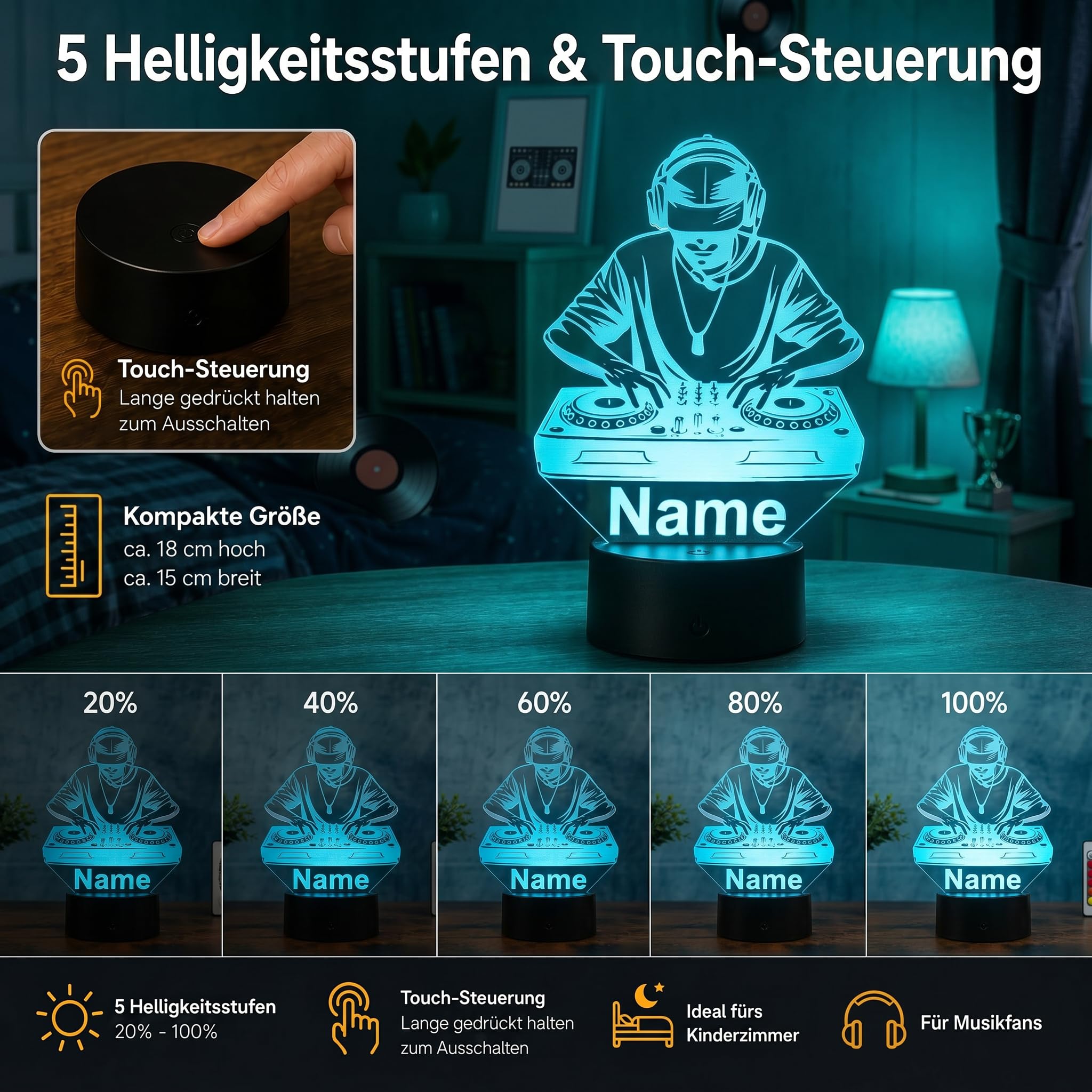 Personalisierte DJ Lampe – LED Nachtlicht mit Name & Gravur – Geschenkidee für DJs, Musikliebhaber & Clubfans – Musik Deko Lampe, stimmungsvolles Licht & originelles DJ Geschenk