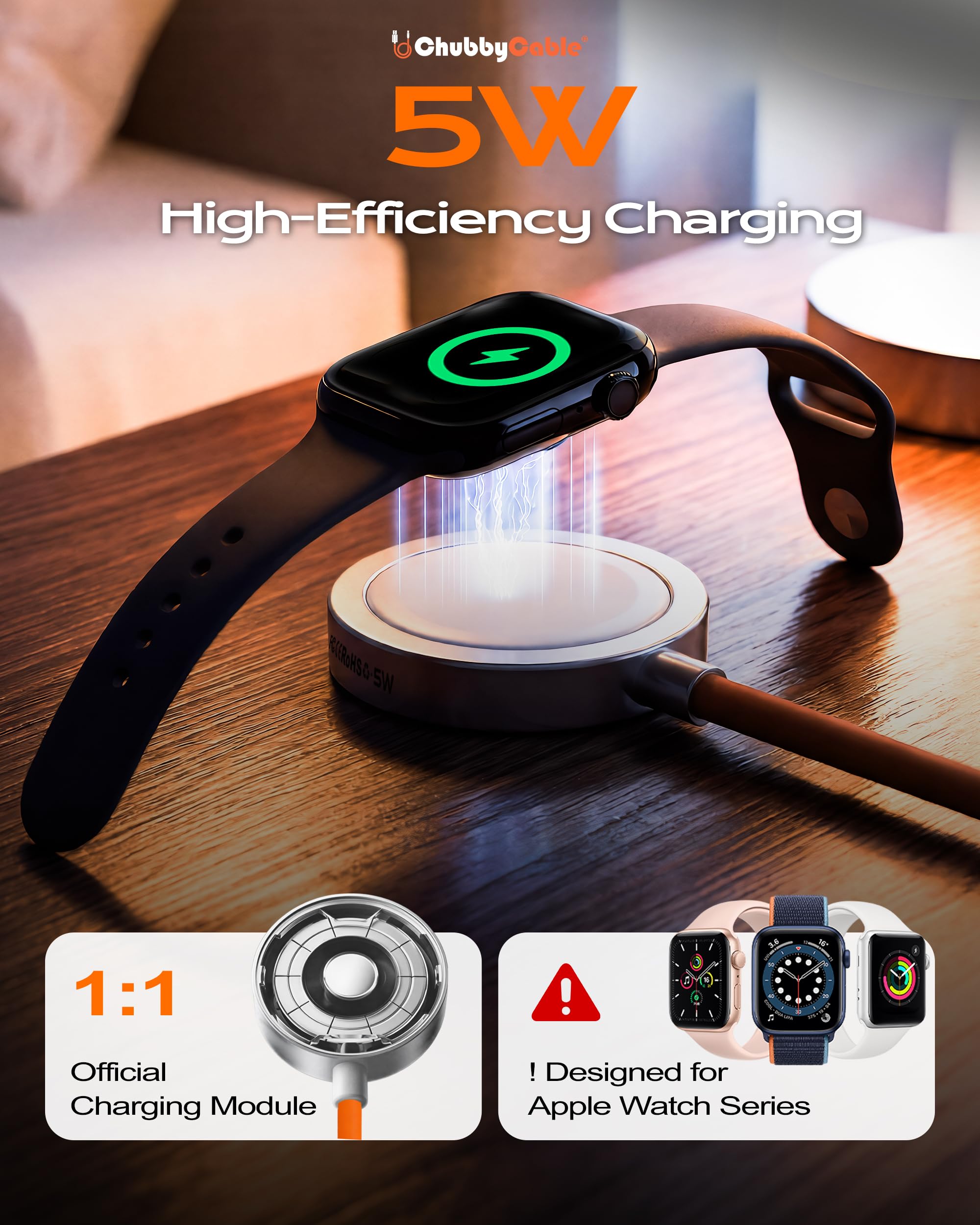 chubbycable Caricabatterie magnetico per Apple Watch Cavo USB-C portatile 1,2 m morbido silicone cavo di ricarica compatibile con Apple Watch Series 11/10/9/8/7 SE Ultra 3/2 AirPods custodia di