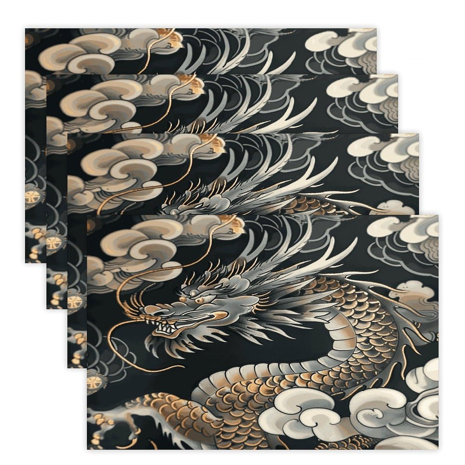 Black Oriental Dragon Placemats Heat-Resistant Washable Place Mats Anti Slip Dining Table Place Mats Wipeable Dining Table Mats Kitchen Decoration Placemats 17.7’’×11.8’’