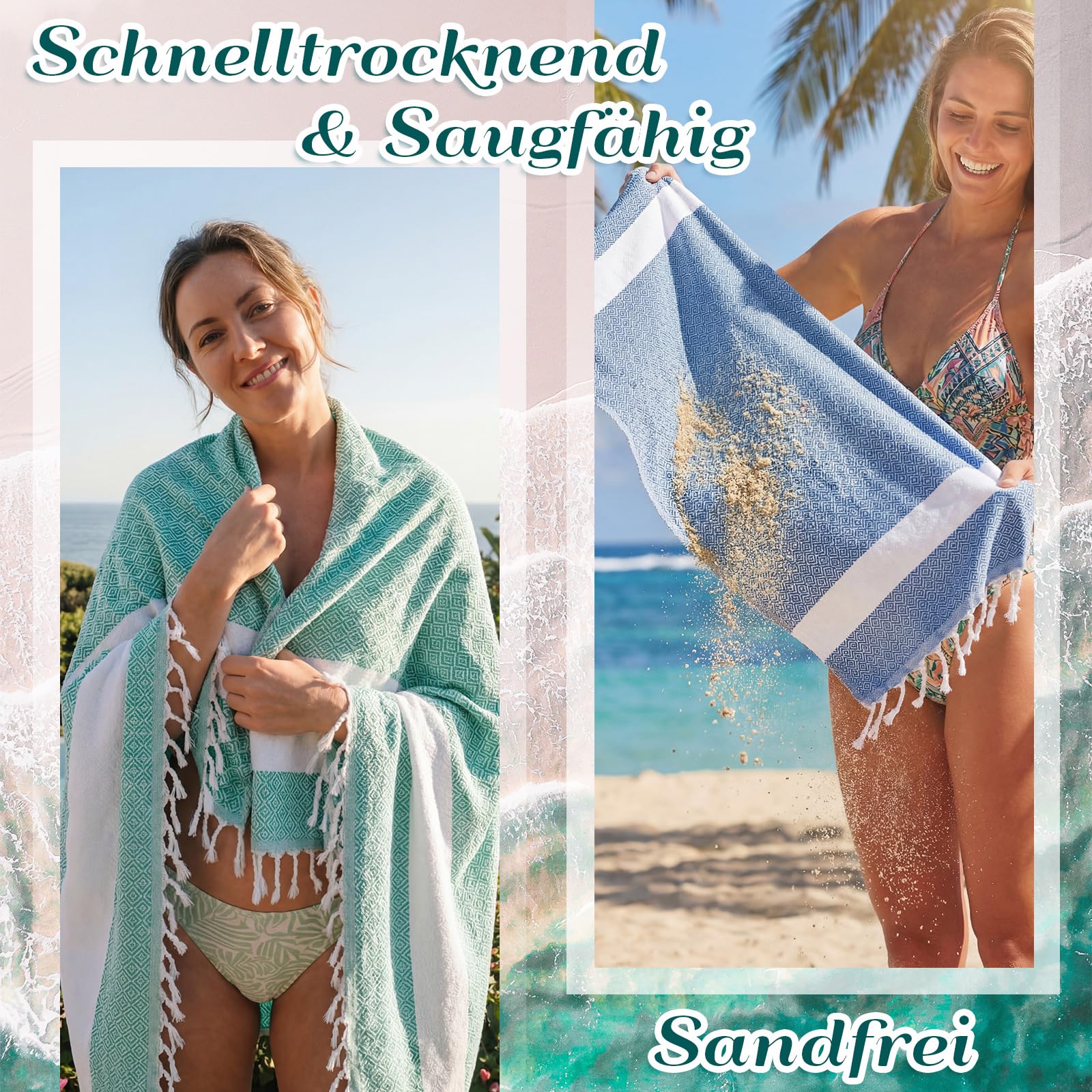 Nuenen 4er Set Hamamtuch Saunahandtuch 100 x 180 cm Leichtes Schnell Trocknendes Strandtuch aus Baumwolle Platzsparend für Reise Sauna Yoga Urlaub Weich Stilvoll (Blau, Grün, Braun, Gelb)
