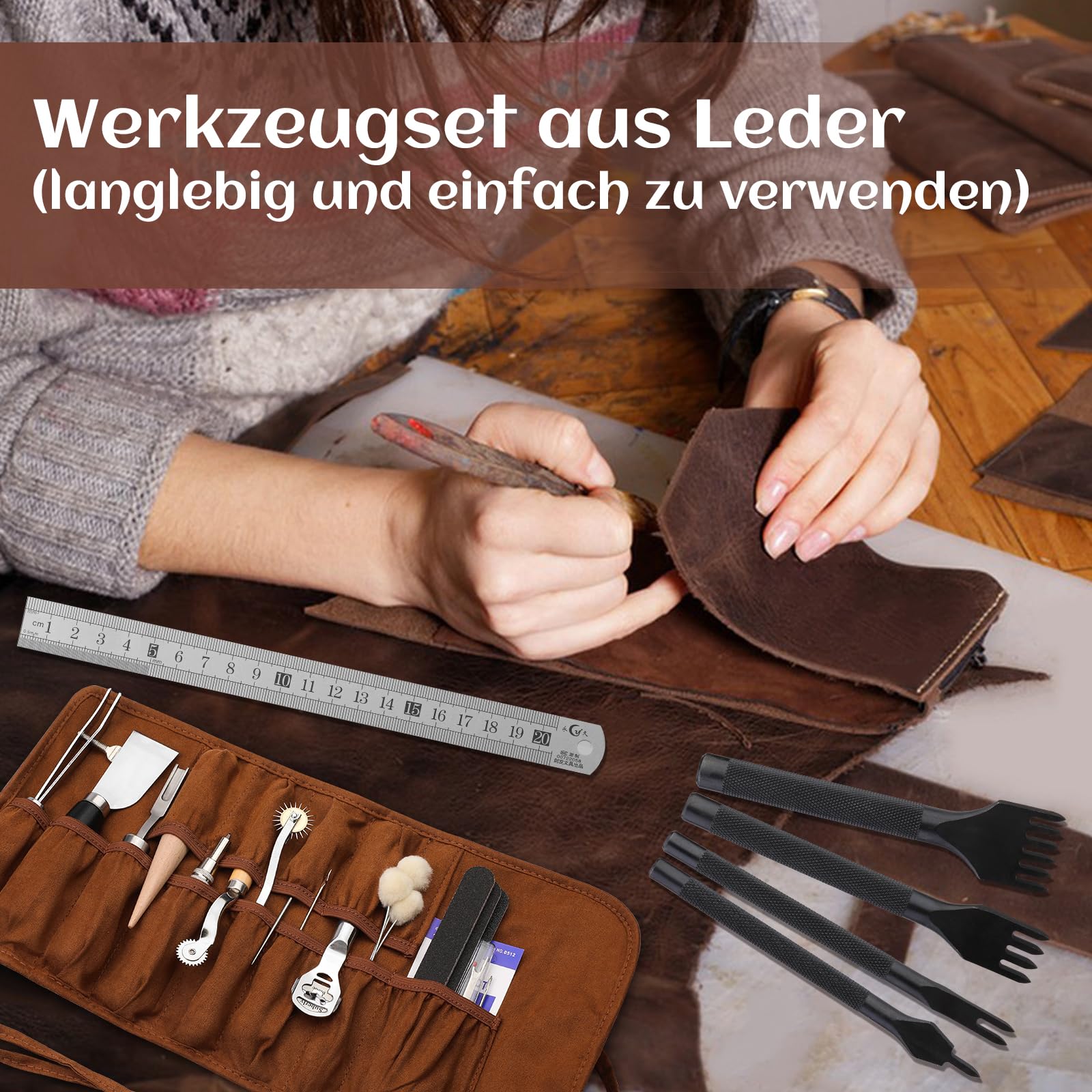 Benlay Leder Arbeitsgeräte, Praktisches Leder Werkzeug Kit mit Beveler Groover Stitching Punch Faden Nadeln Handwerk Werkzeuge Nähen Set mit Rolltasche und Handbuch