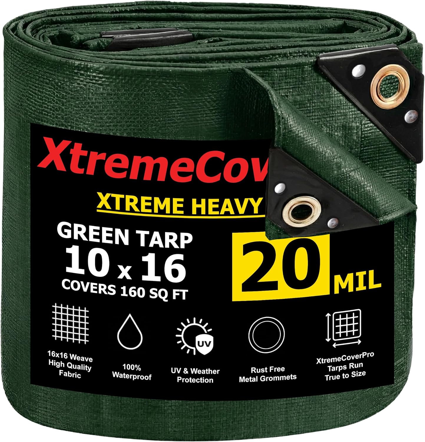 10' x 16' Green Tarp - 20mil | Heavy Duty & Waterproof | UV Protection + Brass Grommets Reinforced Corners Outdoor Storage 10x16 ft Rain Camping Tent Greenhouse roof Leak Ground Cover Leakproof Shed