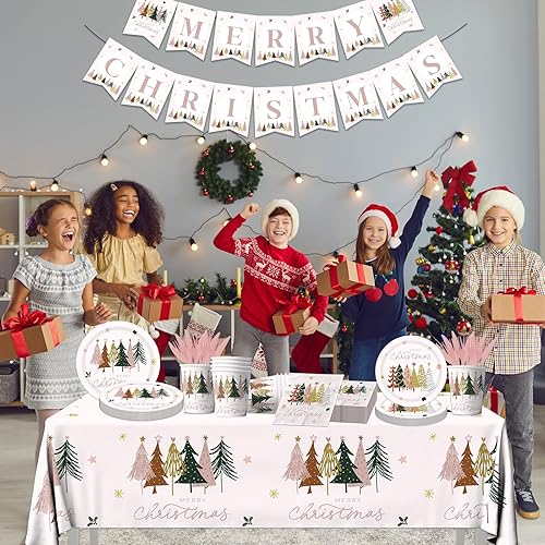 Miniatura 6 de Juego de vajilla de 142 piezas para fiesta de Navidad, platos de papel, servilletas, tazas, suministros de fiesta de Navidad rosa, desechables,