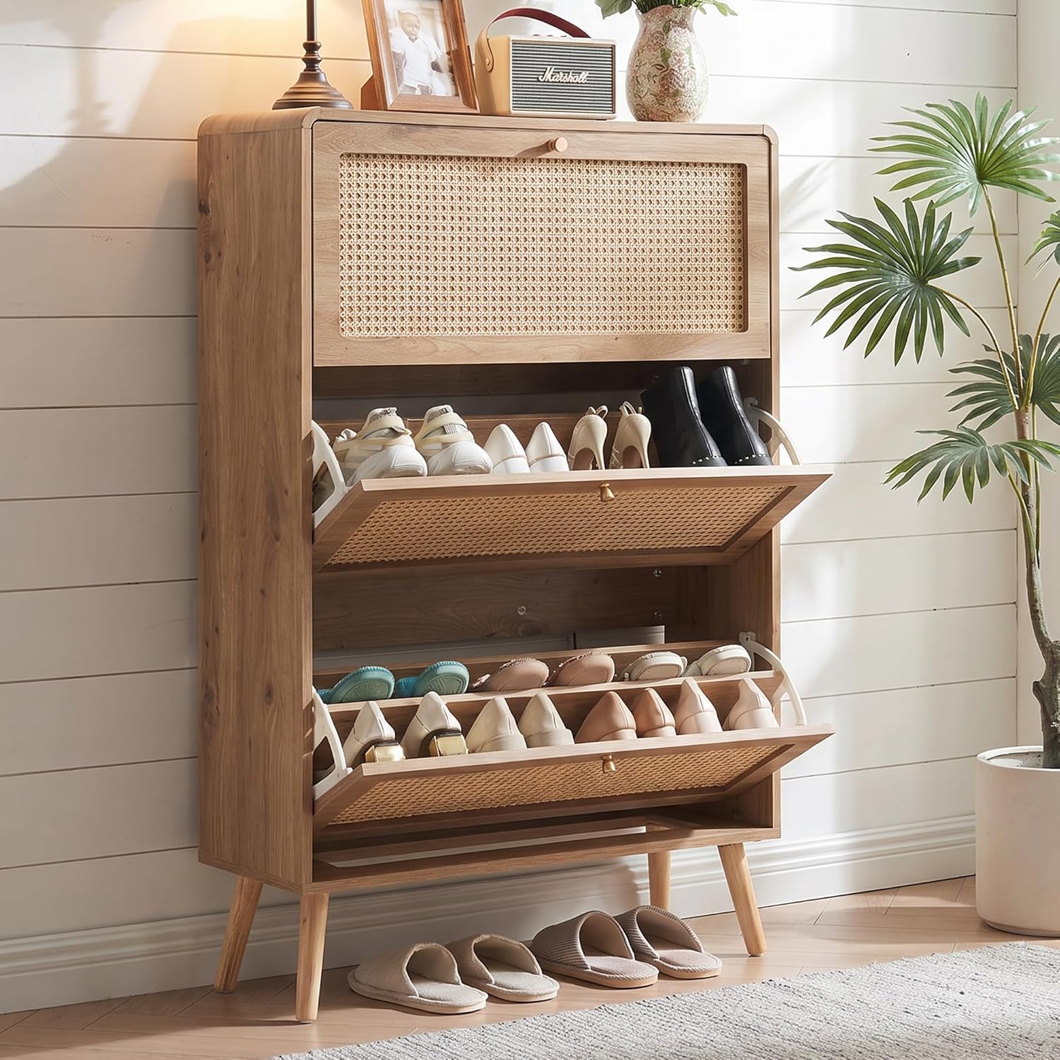 Rattan Shoe Cabinet, Slim Shoe Storage Cabinet for Entryway, 9.5" Narrow Flip Down Shoe Rack with 3 Drawers & Curved Corners, Freestanding Hidden Shoe Organizer, Natural Boho Style