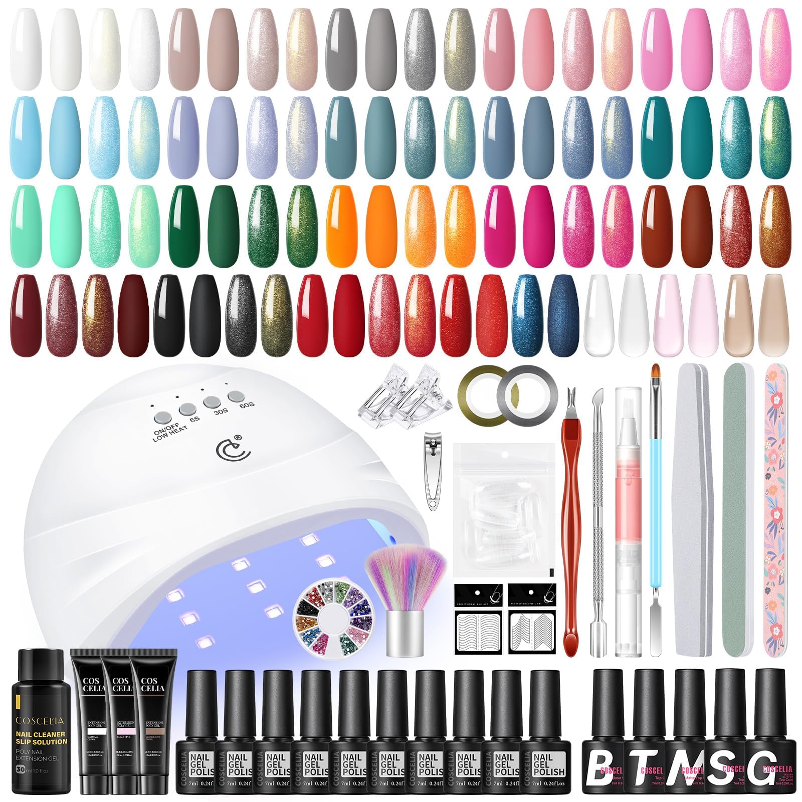 COSCELIA Kit Uñas Semipermanentes, 20 Colores Esmaltes Semipermanentes para Uñas con Lampara UV,3 Colores Uñas Extensión Gel,5 Pcs TB+M+Glitter Coat,Kit Uñas para Salón de Arte de Uñas DIY en Casa