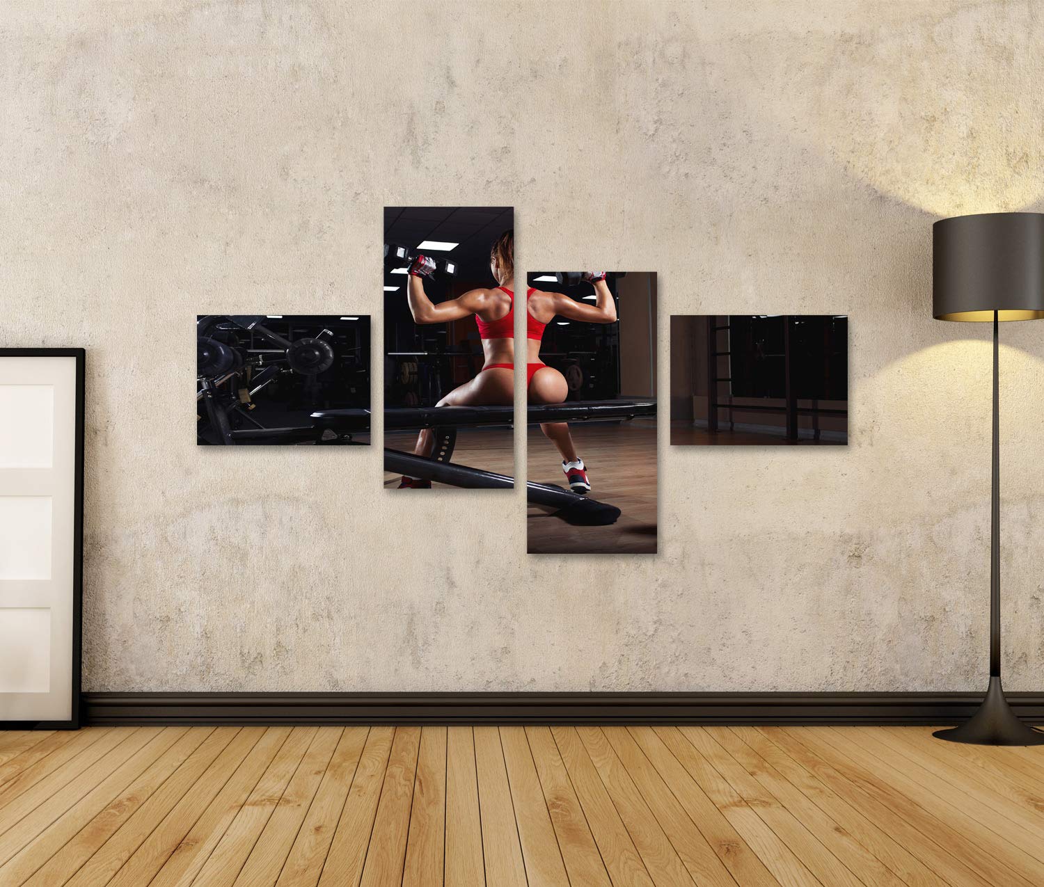 islandburner Quadro su tela giovane donna di fitness in rosso con i muscoli della schiena tagliuzzato facendo manubri pressa spalle in palestra Stampe Arte Poster Murale