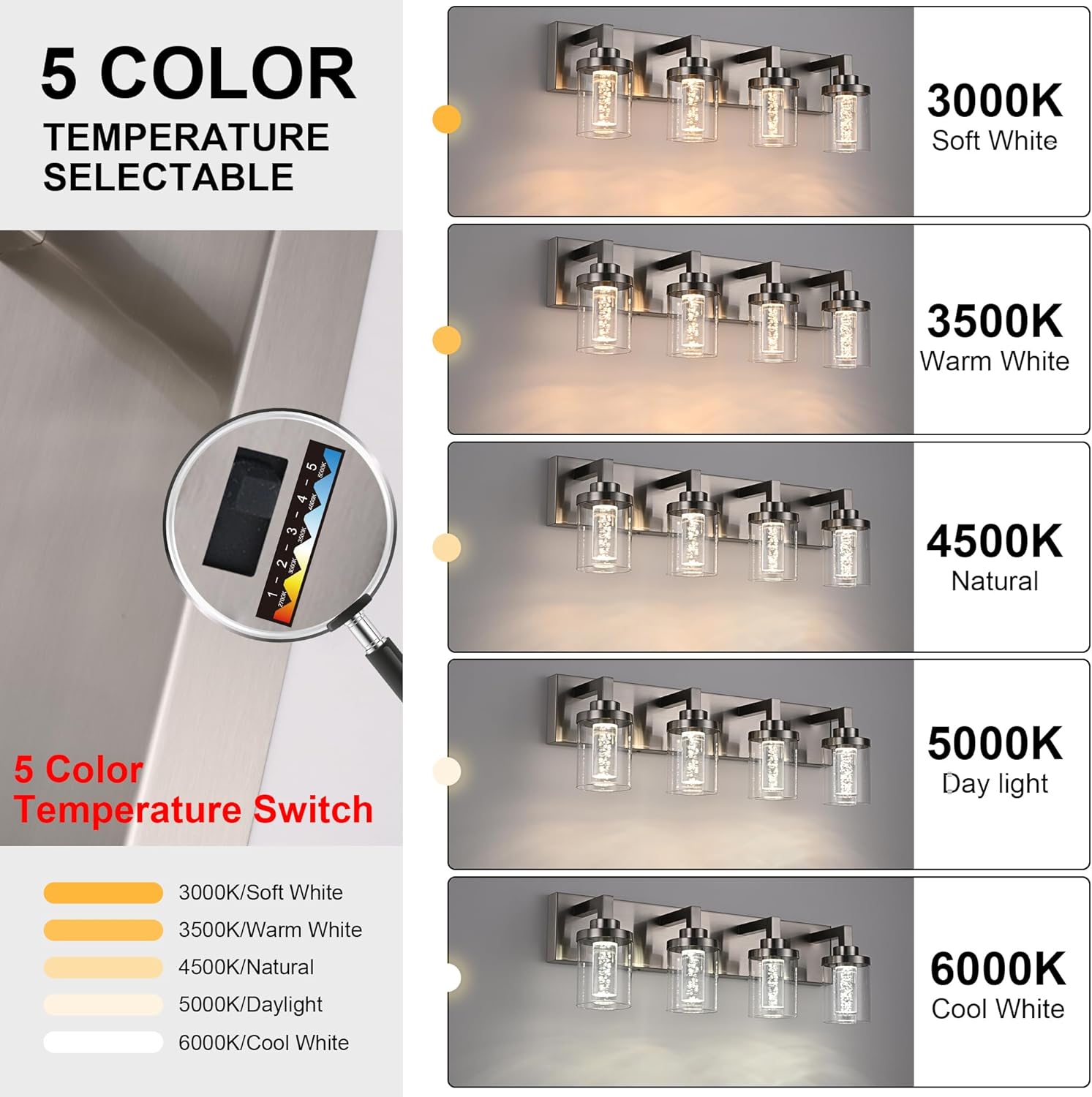 MELUCEE LED Vanity Light Bar 5-Light Bathroom Vanity Light Modern 25W Bath Lamps Over Mirror Brushed Nickel Bathroom Wall Lighting Fixtures with Clear Glass Shade Bubble Crystal Restroom Lighing