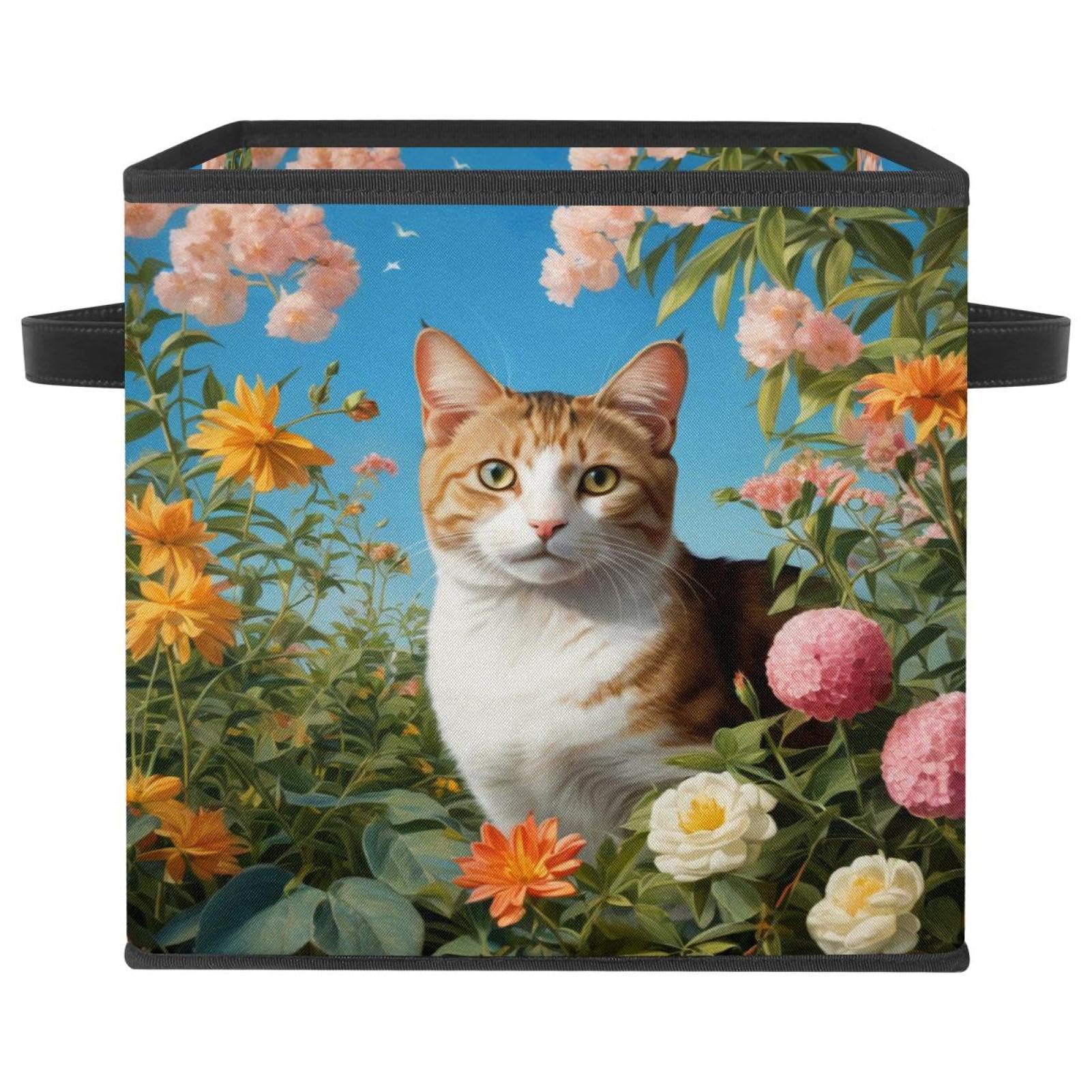 Grand bac de rangement pour la maison chat et fleur mignon