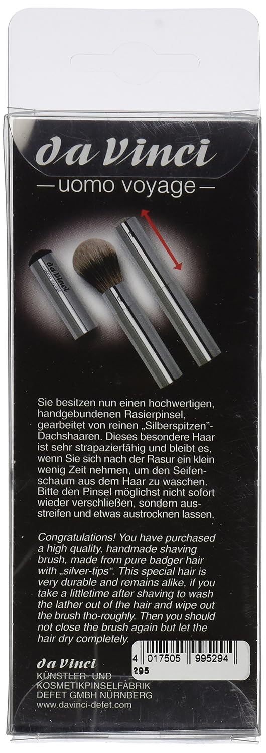 da Vinci Shaving Series 295 UOMO Silvertip Shaving Brush, Badger Hair with Retractable Metal Handle, 18mm, 83 Gram