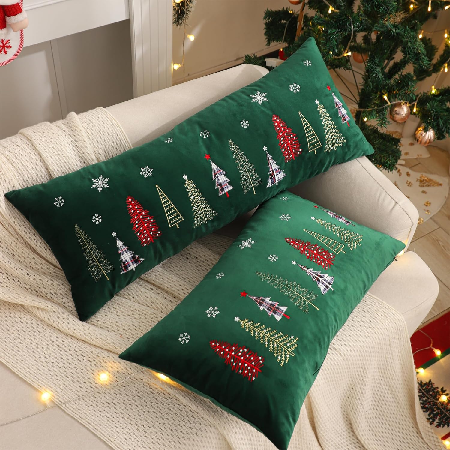 Christmas Embroidery Throw Pillow Covers 14 x 36 inch Christmas Dec Velvet Pillowcases Forest Green Xmas Tree Cushion Pillow Cases Soft Lumbar Holiday Pillowcase(1 Piece)