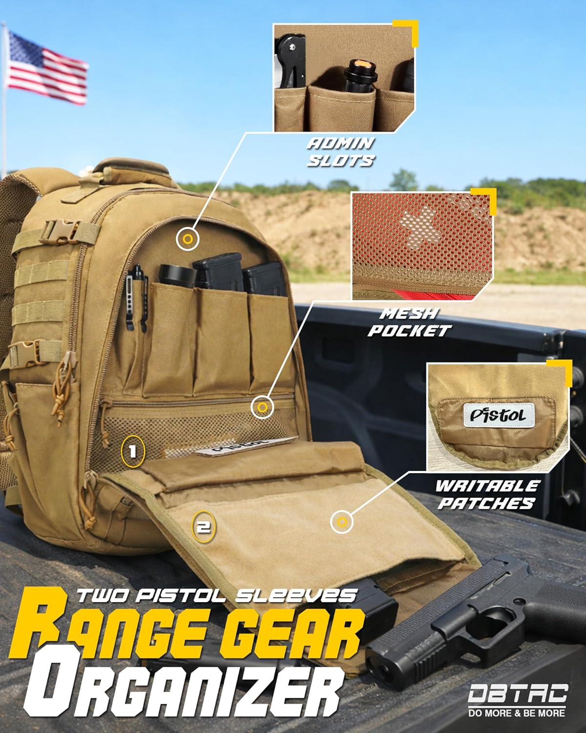 DBTAC Tactical Range Pistol Backpack for Gun and Ammo with 3x Stiffen Pistol Cases