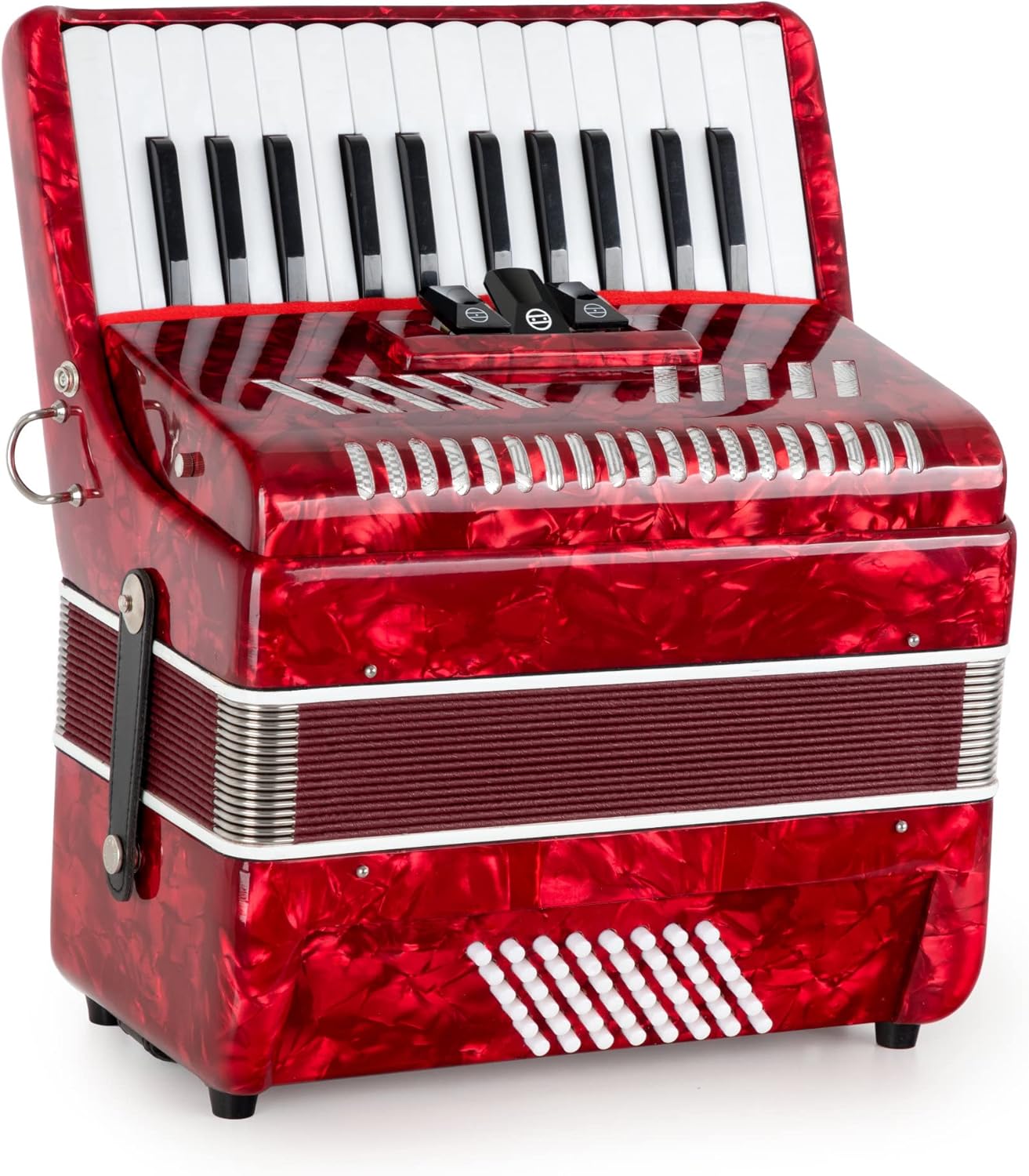 Classic Cantabile Secondo V 48 Bass Accordion, red mother-of-pearl finish, viewed from the front-left angle, standing upright.
