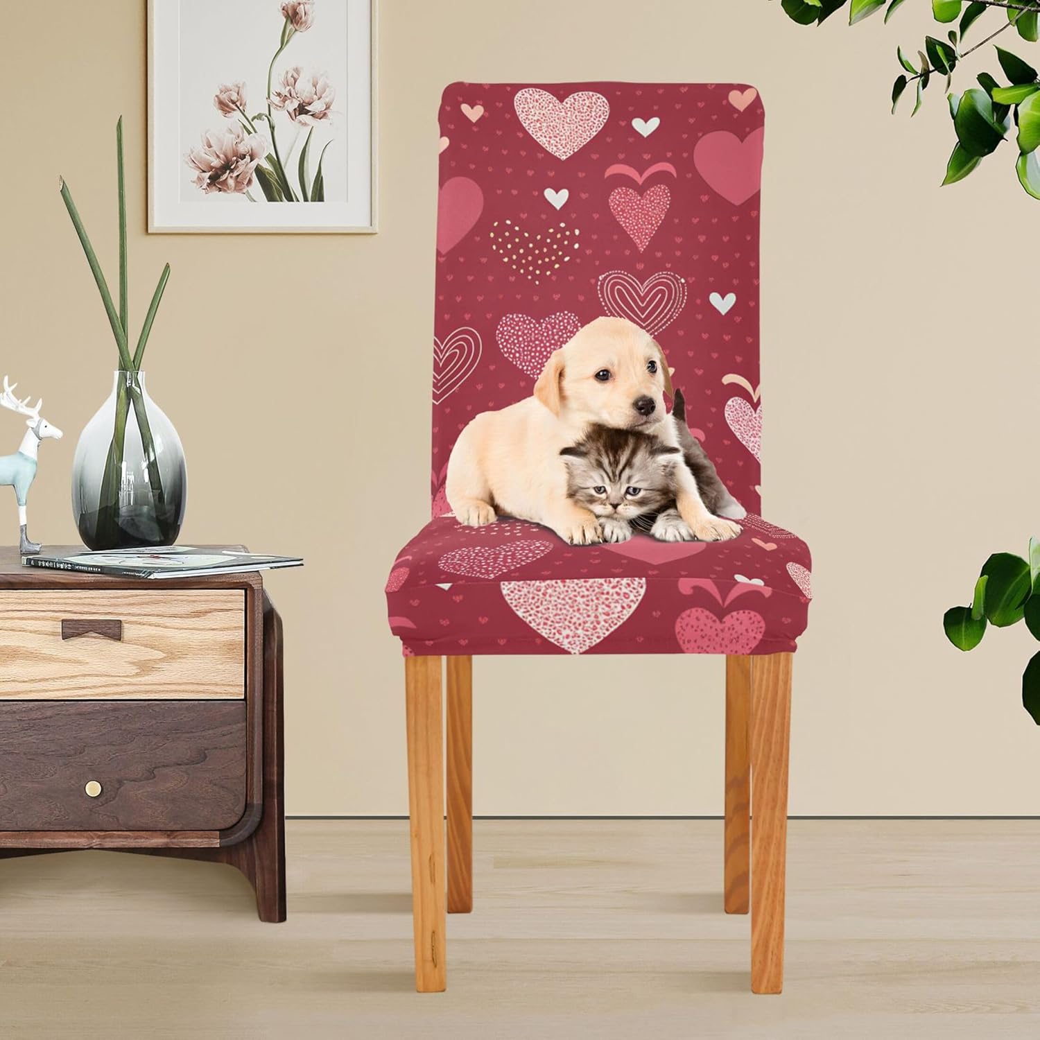 xigua Valentine's Day Love Heart Stretch Chair Covers Set of 4 Removable Washable Dining Chair Slipcovers for Kitchen Dining Room Hotel Decor
