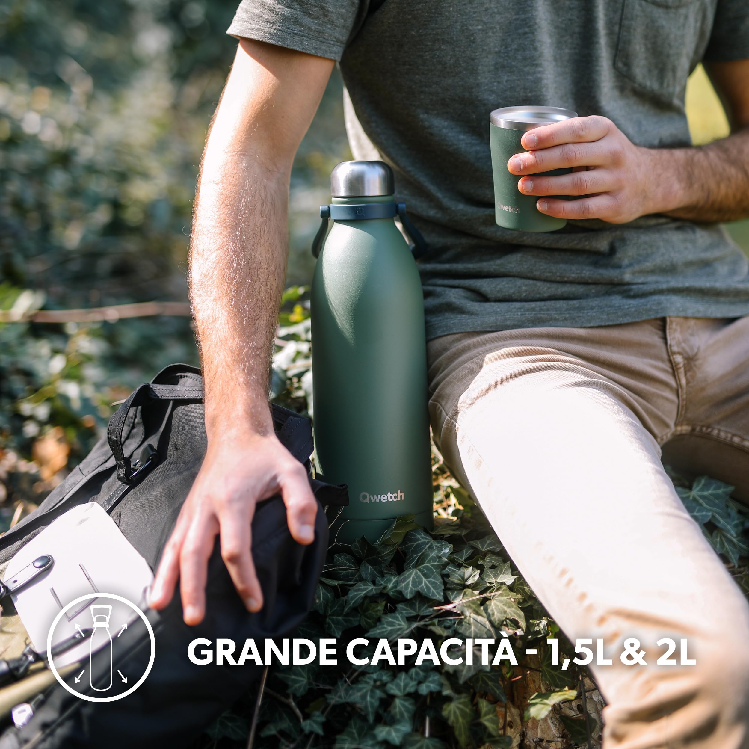Qwetch - Borraccia Termica 2L in Acciaio Inox Spazzolato - 48h Freddo, 16h Caldo - Impermeabile, Senza BPA & Riutilizzabile - Bottiglia Termica con Manico per Sport, Trekking, Ufficio, Famiglia