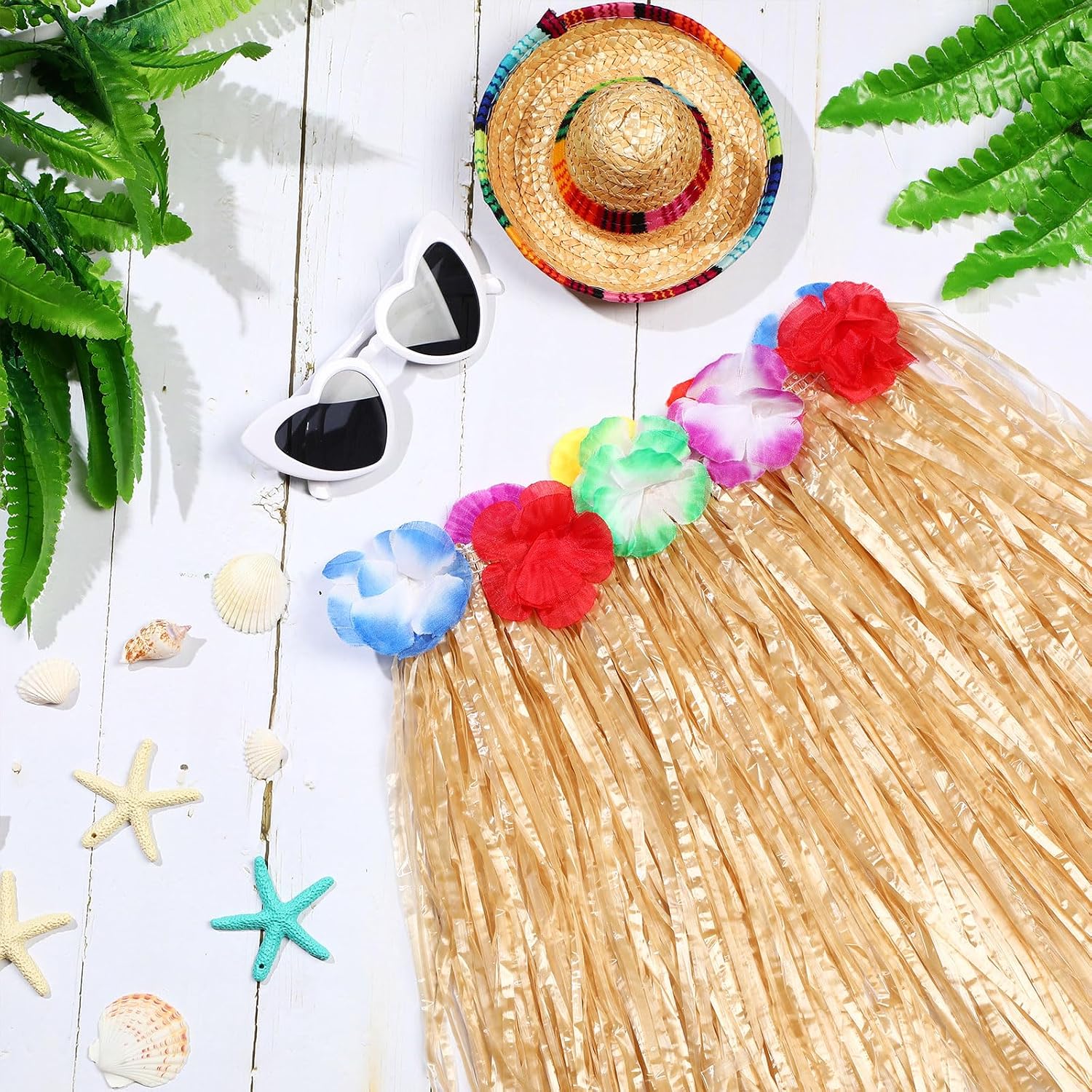Wettarn 12 Pcs Hawaiian Hula Grass Skirts for Kids Tropical Hula Skirts for Luau Party Girls Hawaiian Outfit Costume(Straw Color)