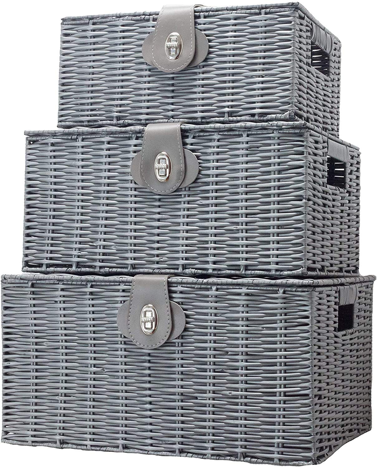 ViDiStorex Set of Three Resin Woven Storage Basket Box with Attached Lid & Lock, White, Large, Medium and Small. Decorative 3-Pack Hamper Basket, Ideal for Home Organization and Kids Room (Grey)