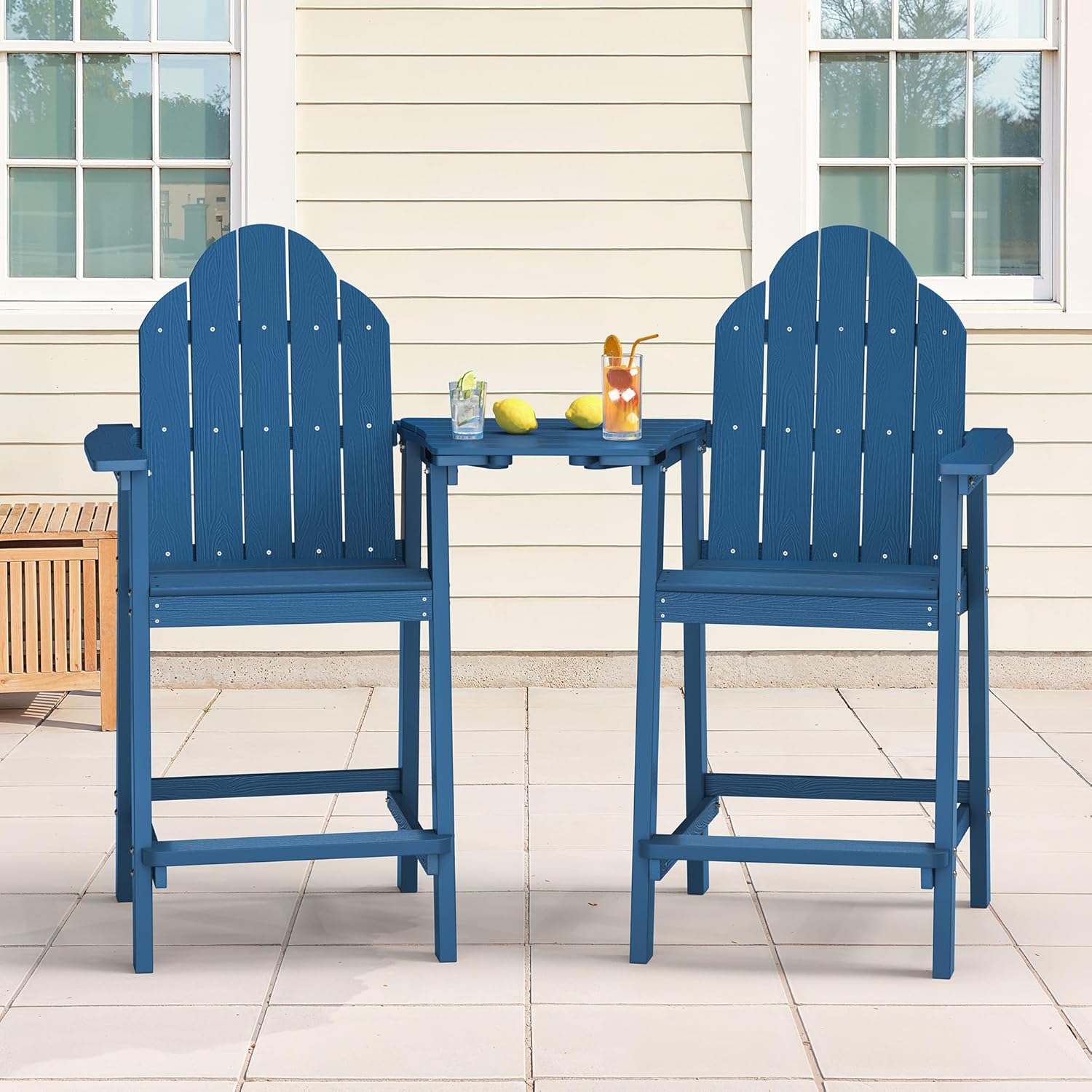 LUE BONA Tall Adirondack Chair Set of 2, All Weather HDPS Bar Height Adirondack Chair with Detachable Table & Umbrella Hole, Adirondack Barstools for Patio, Deck, Backyard & Commercial Use Navy Blue