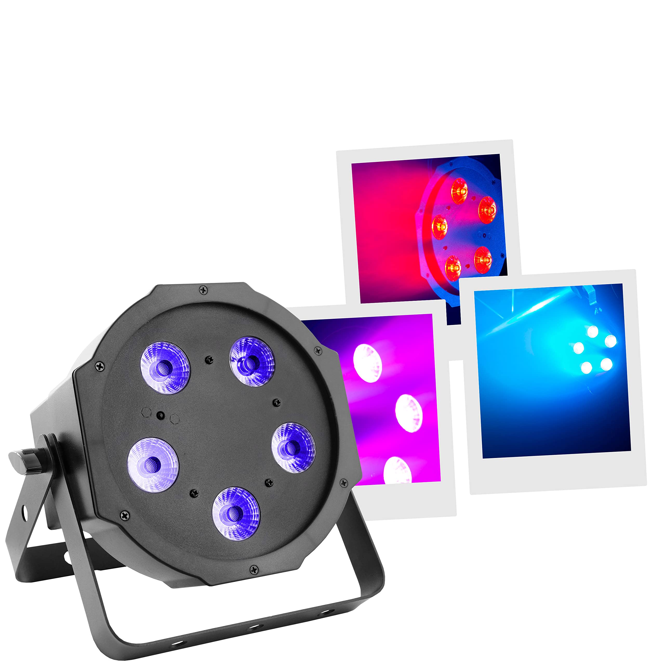 BoomToneDJ FlatPAR 5X5W 4in1 RGB-UV Projecteur LED multicolore avec DMX 512. Modes automatique, détection musicale. Télécommande IR incluse. Link alimentation. Eclairage de scène, soirées Clubs, DJ.