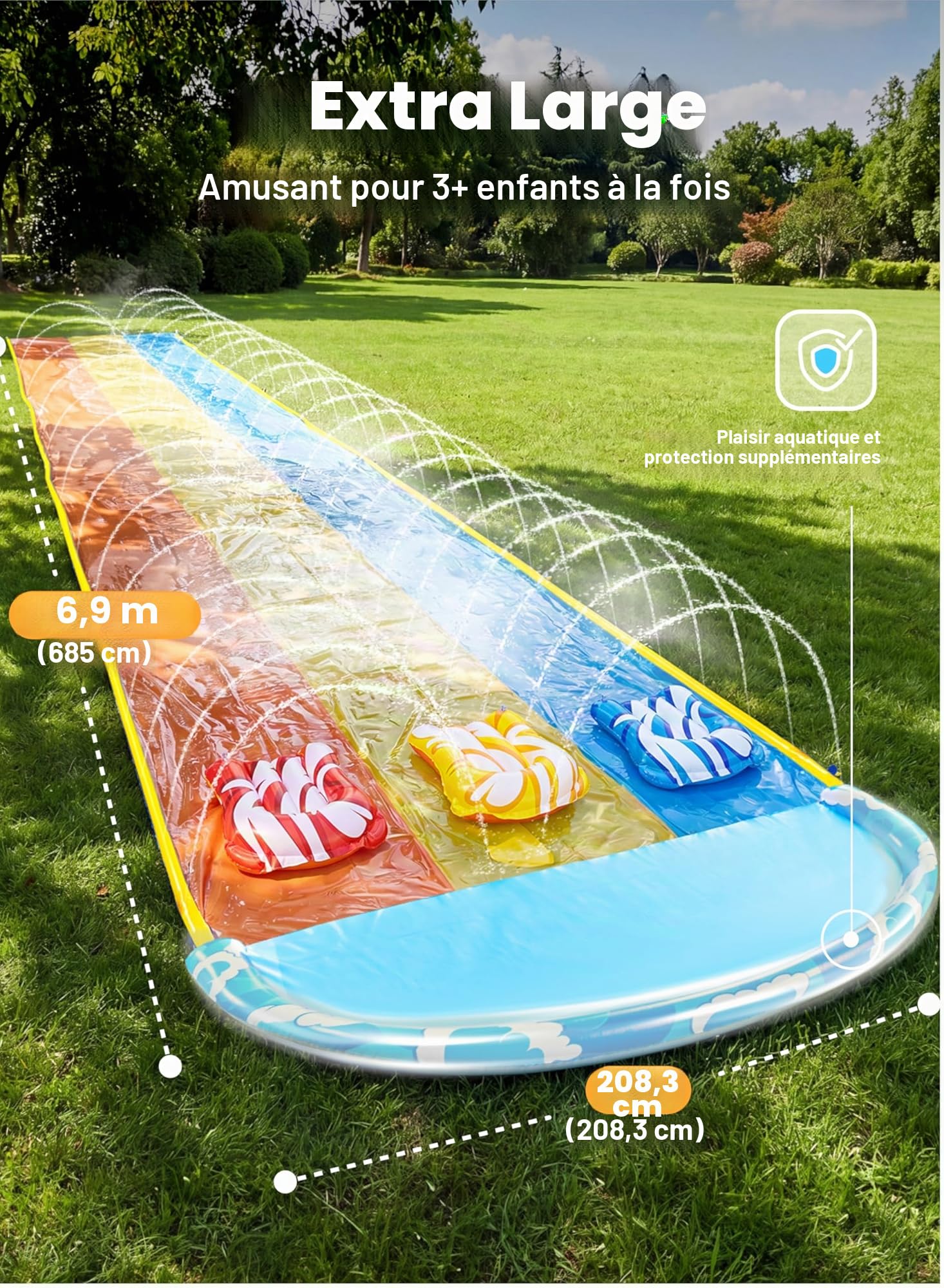 Sloosh Toboggan Aquatique Triple 22,5ft x 84in/685.8 * 213.3cm avec Vagues, Toboggan de pelouse résistant avec 3 bodyboards et arroseur, Jouet d'eau d'été pour Enfants et Adultes, extérieur et Jardin