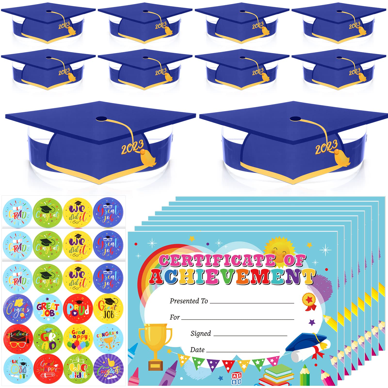 Outus 25 Pcs Paper Graduation Hats Adjustable Paper Crowns and 25 Pcs Preschool Diploma and 3 Pcs Grad Congrats Graduation Round Stickers for Kids Students Boys Girls 2023 Graduation Party (Blue)