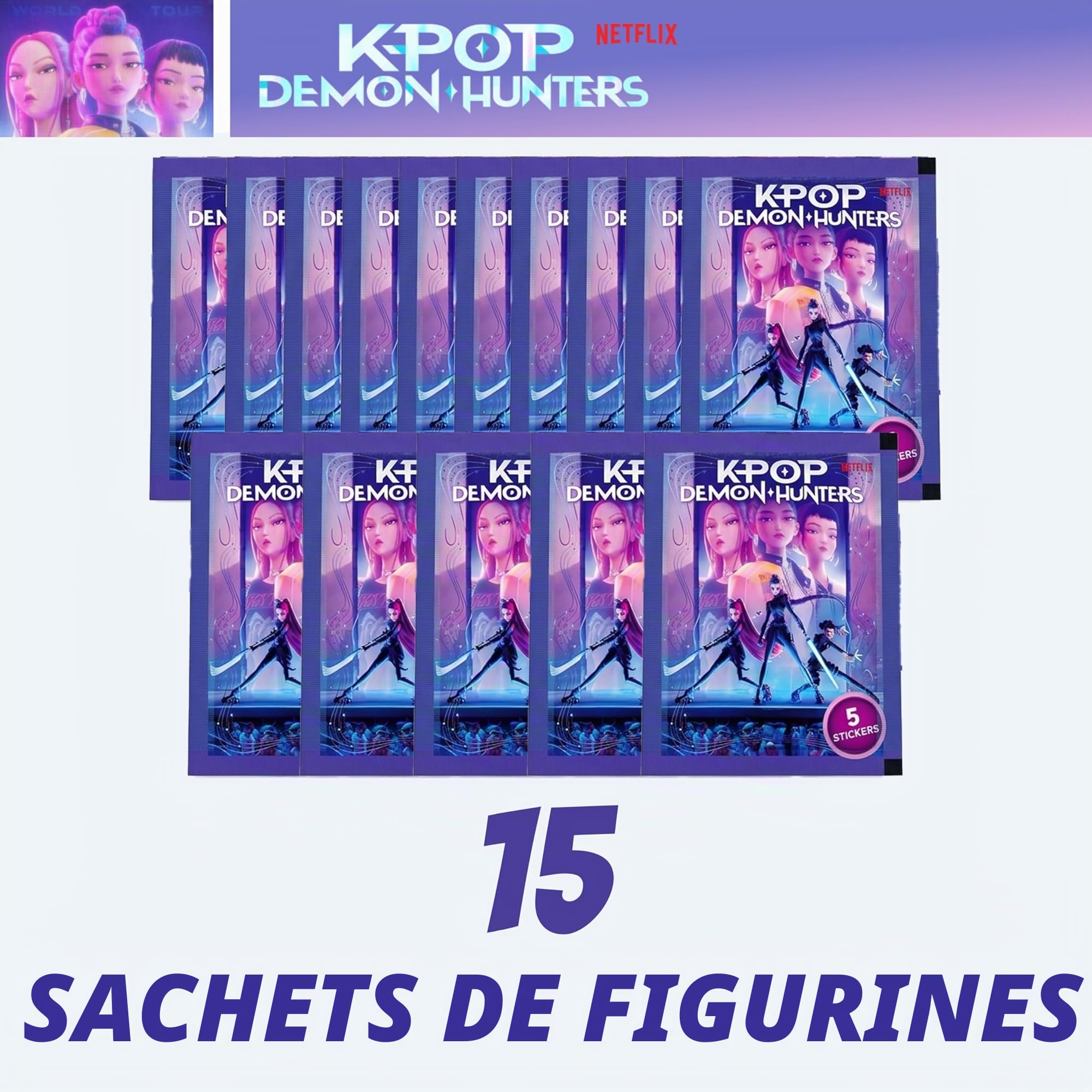 Figurine KPop Demon Hunters, 15 paquets, 75 autocollants officiels