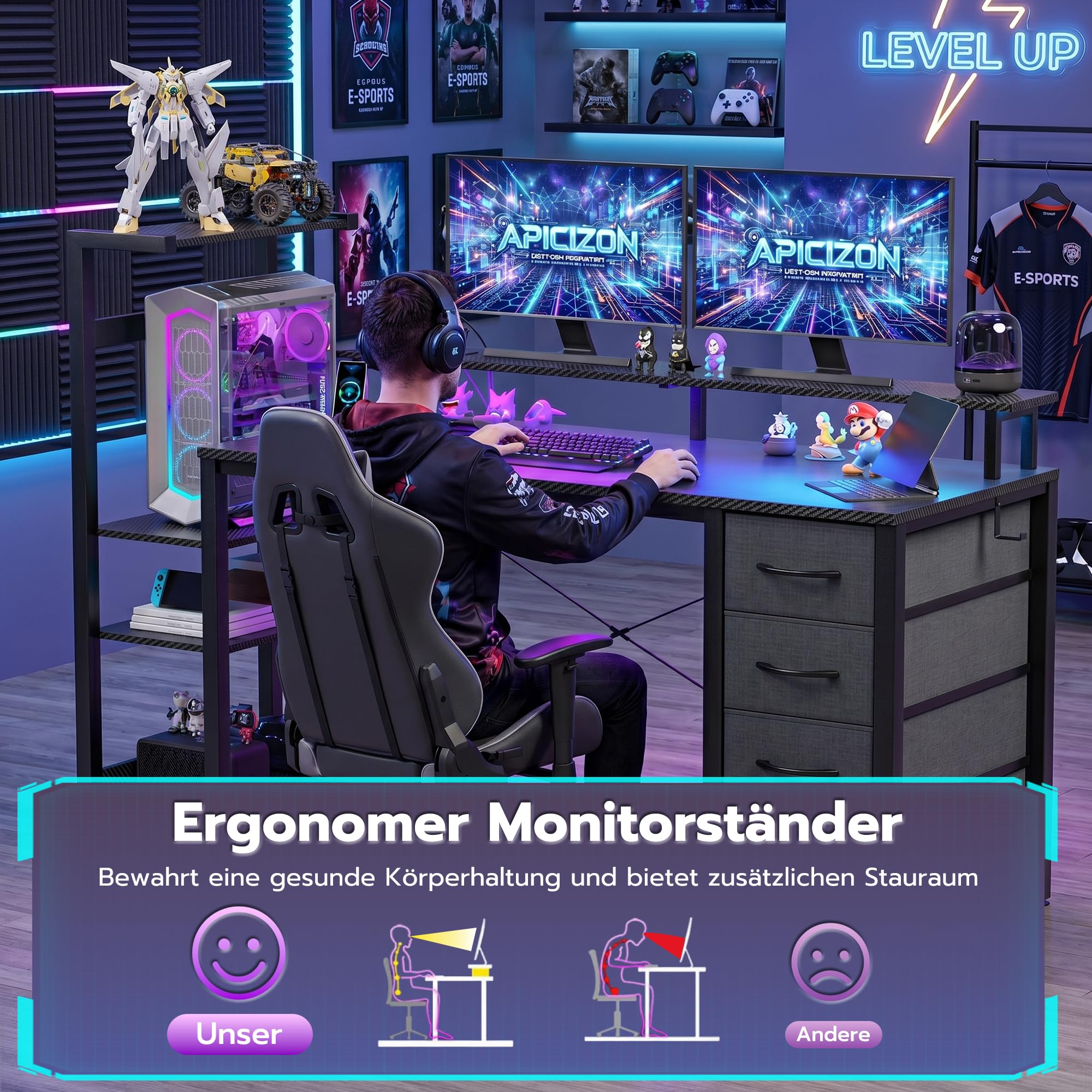 APICIZON Gaming Schreibtisch 150cm mit Bucherschrank - Umkehrbarer Computertisch mit RGB LED-Beleuchtung, 2 USB-Anschlüssen, Kopfhorerhalter & Becherhalter, Carbon-Optik Schwarz