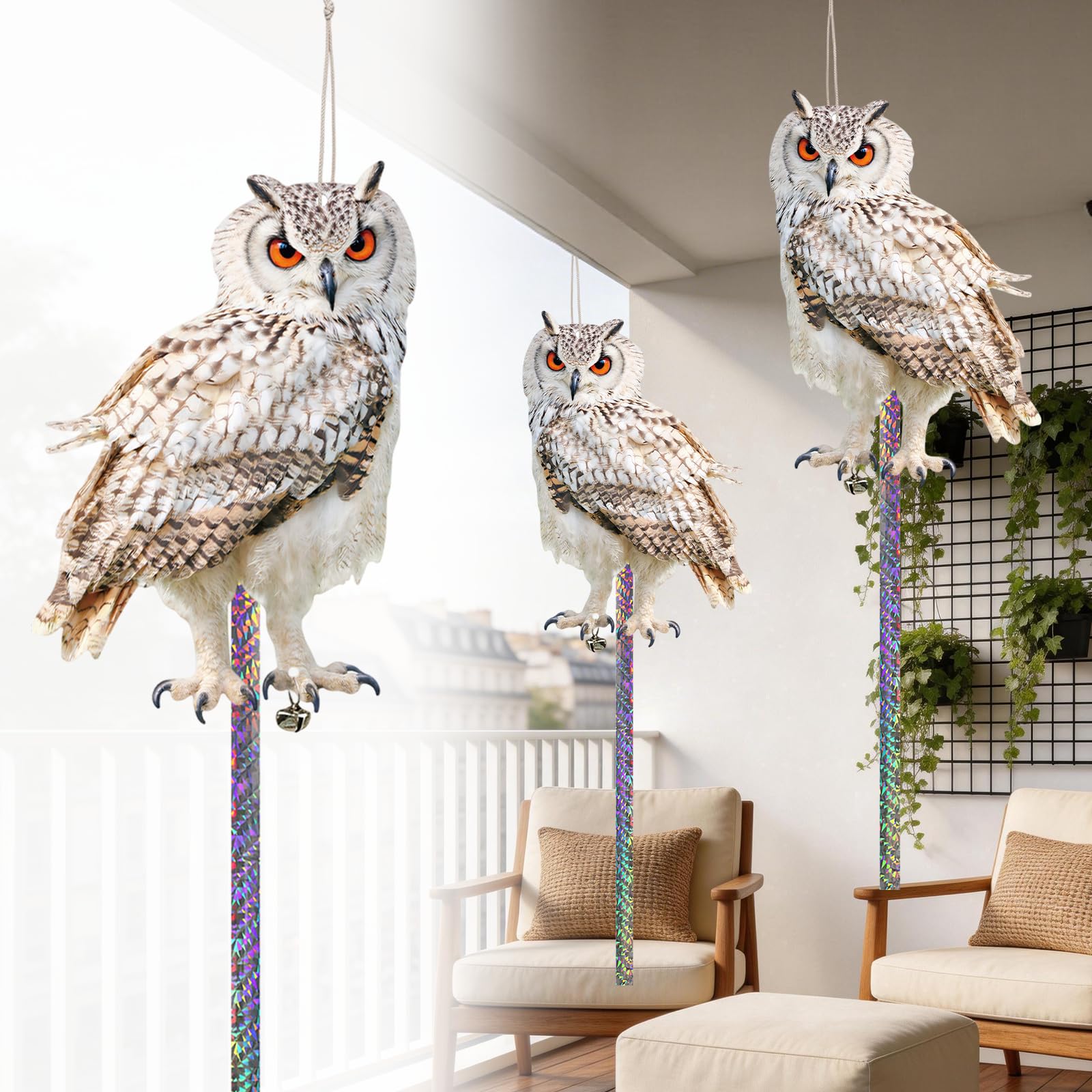 5 Pack Fake Owl Bird Scarers for Gardens Windows Roofs, Hanging Flat Cardboard Fake Owl Decoy to Scare Birds Away, Bird Repellent Seagull Magpie Pigeon Deterrent for Gardens Windows Roofs Porch