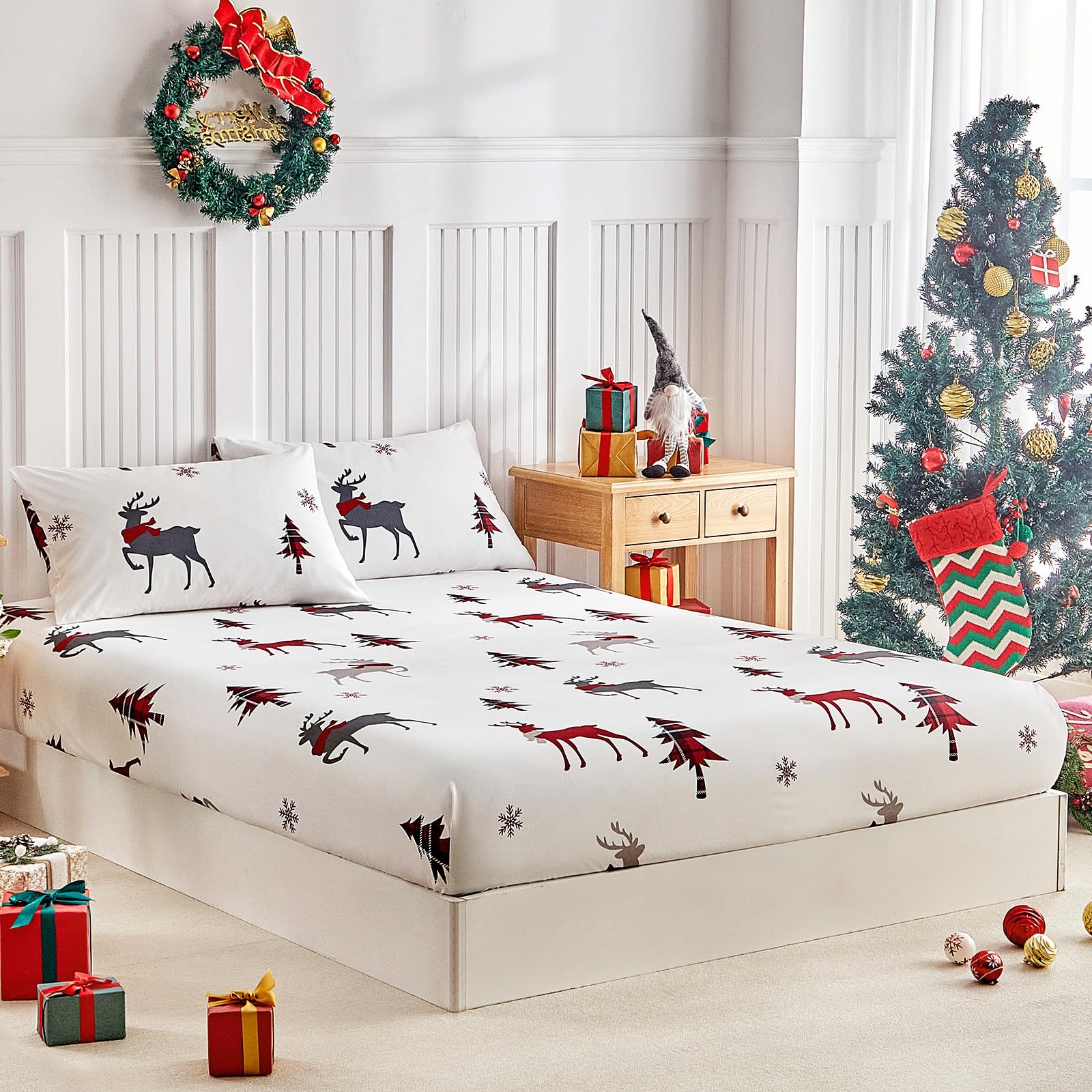 Tokokimo Christmas King Size Fitted Sheet with 2 Pillowcases, Reindeer