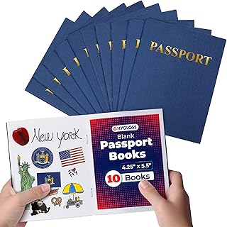 Hygloss 10 Blank Passport Books - 4.25 x 5.5-Inch - Fake Blue Passports - Travel Journal - Fun Pretend Activity for Kids - Classroom and Party Favors - Imaginary Travel - 24 Blank Pages - 10 Books