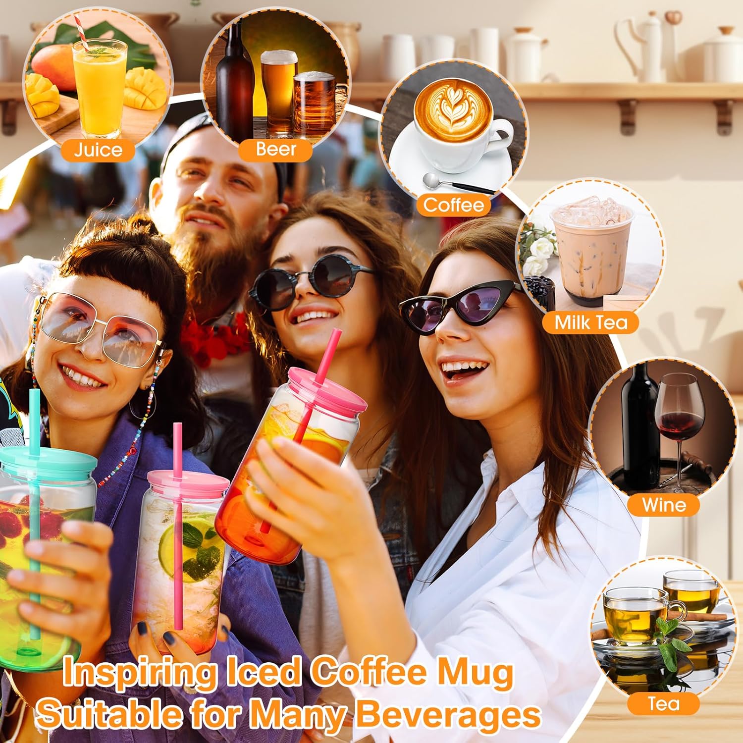 Blushtier 6 Acrylic Mason Jars with Lids and Straws 16 oz Drinking Plastic Tumbler with Straw Iced Coffee Cups Water Bottles Mugs for Wedding Party Favor Water Milk Beer Juice Beverage (Fade)