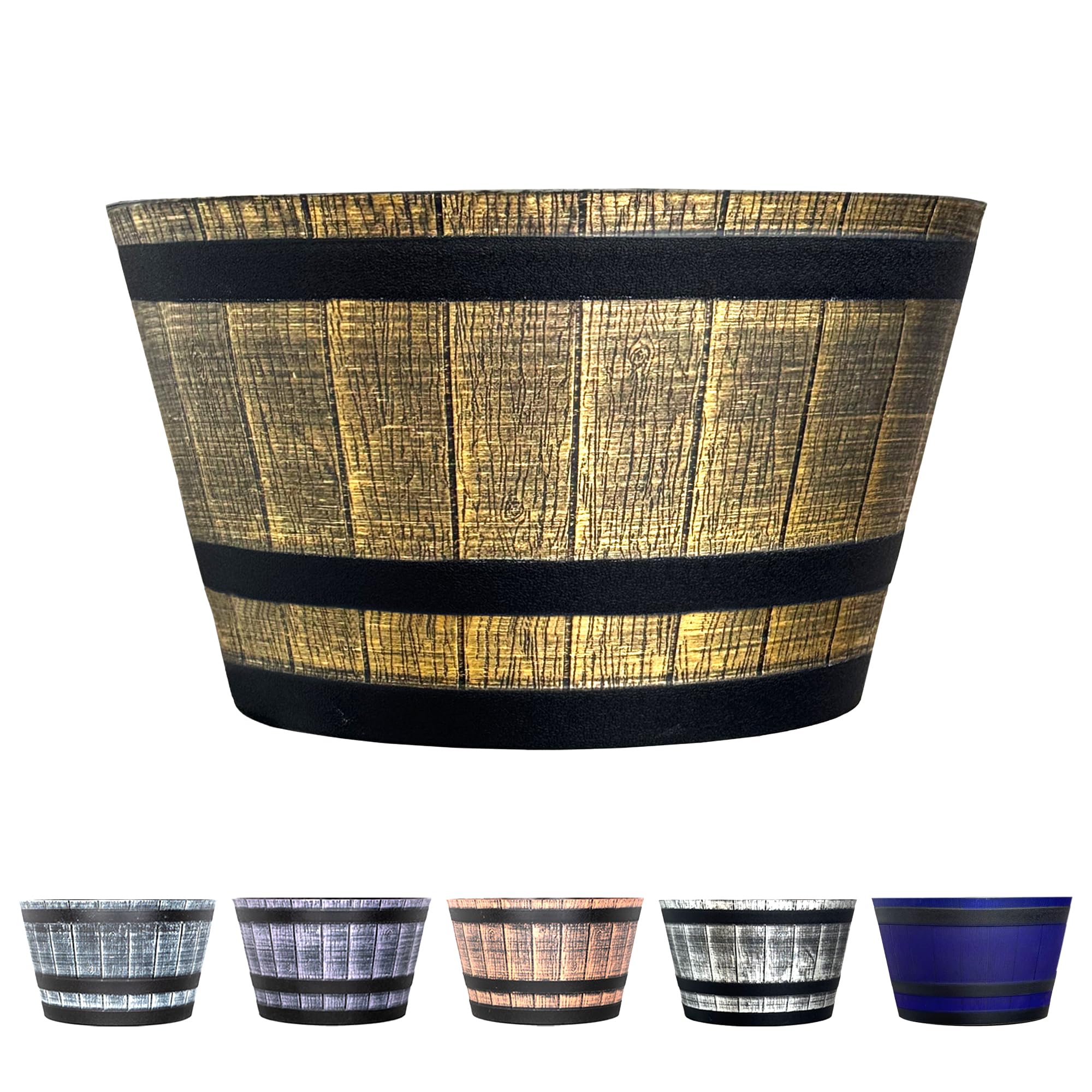 SG Traders Large Half Barrel Cask Planter, Flower Pots Outdoor Garden Planters, Indoor Plant Pot with Drainage Holes, Plastic, Gold with Black Straps, 52 x 31cm