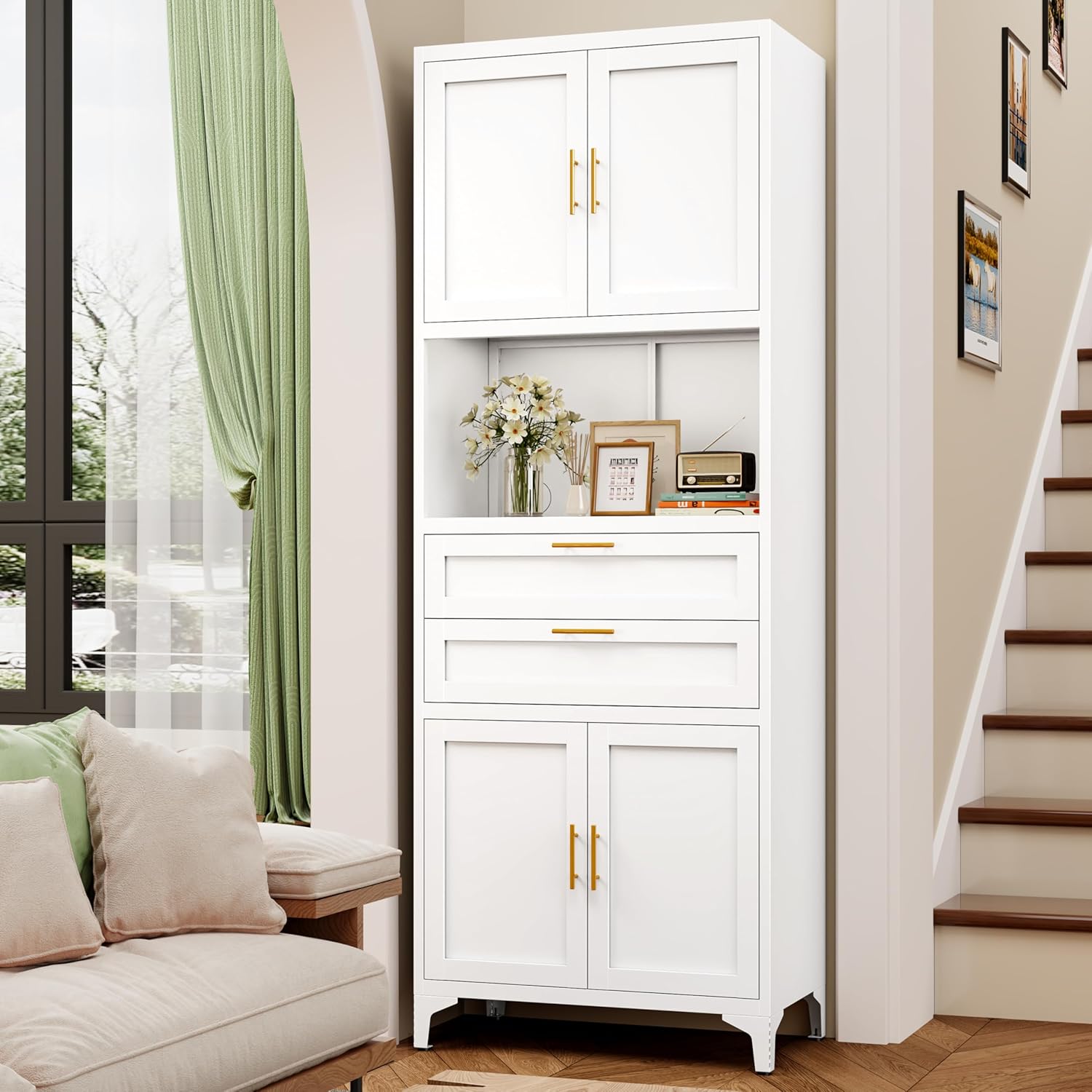 75" Tall Food Kitchen Pantry Cabinet,Tall Bathroom Storage Cabinet with 4 Doors and Shelves & 2 Drawers, Freestanding Cupboard for Living Room/Bathroom (White)