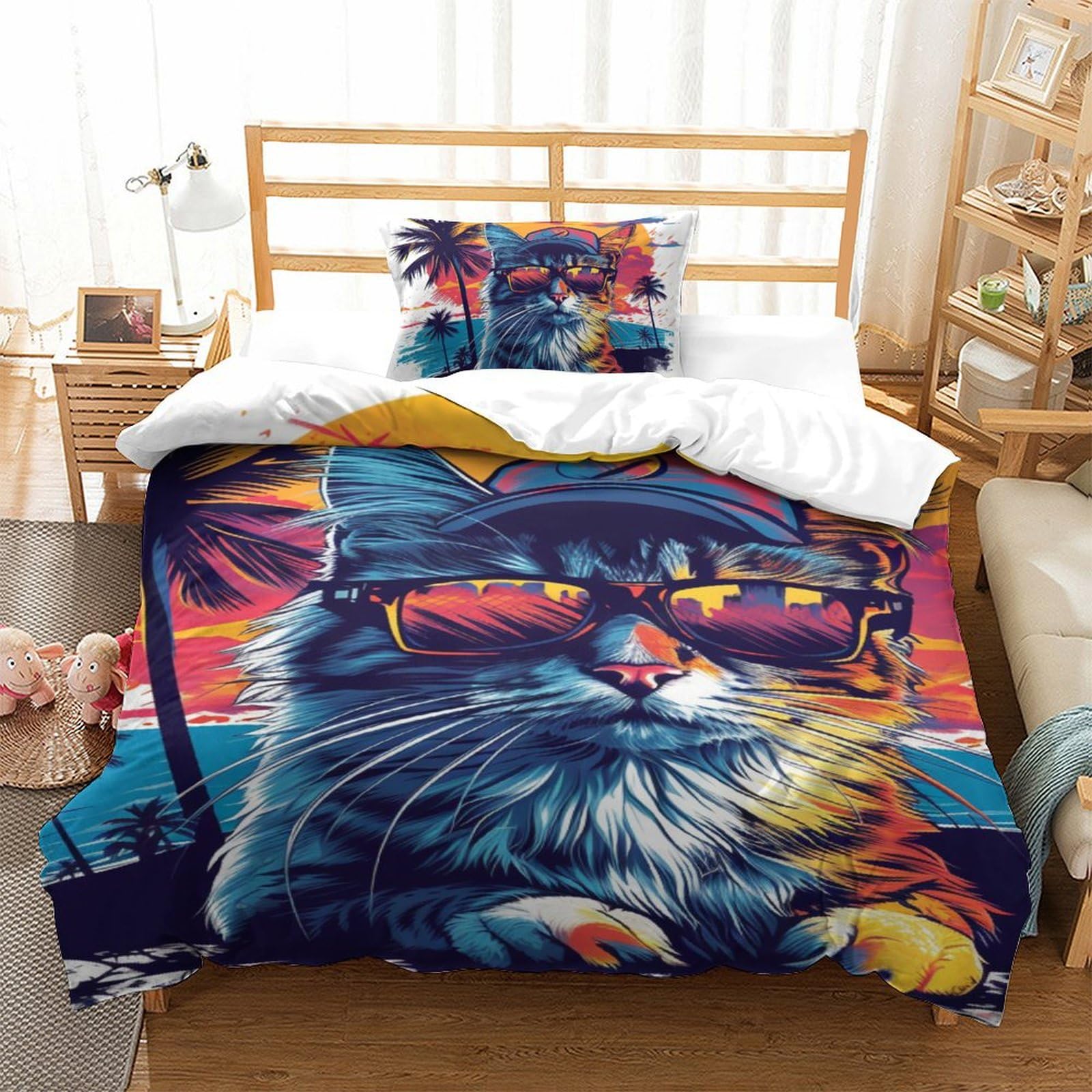 Housse de couette chat 3D anti-plis, parure de lit zippée 135x200cm microfibre facile à laver